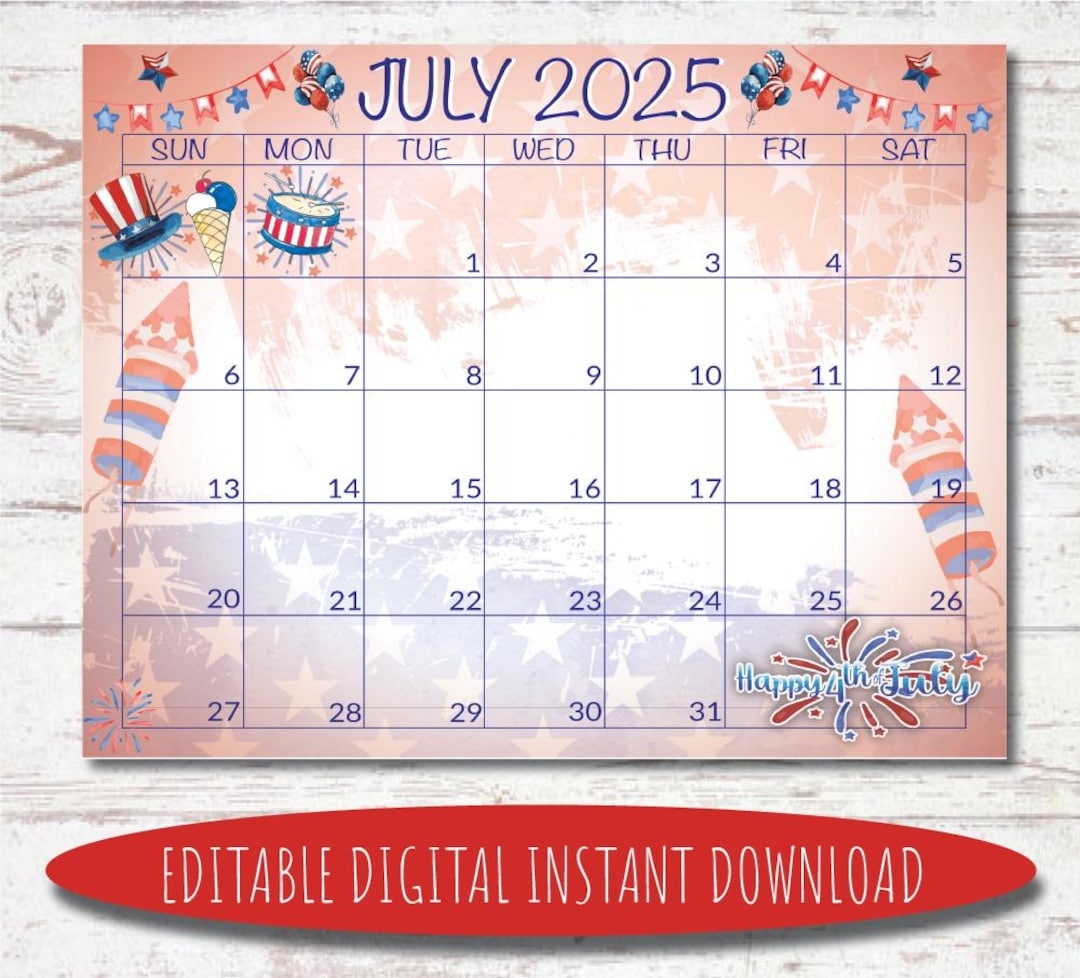 Editable July 2025 Calendar Digital Calendar Printable Calendar July Calendar Watercolor Calendar July 2025 Calendar Etsy