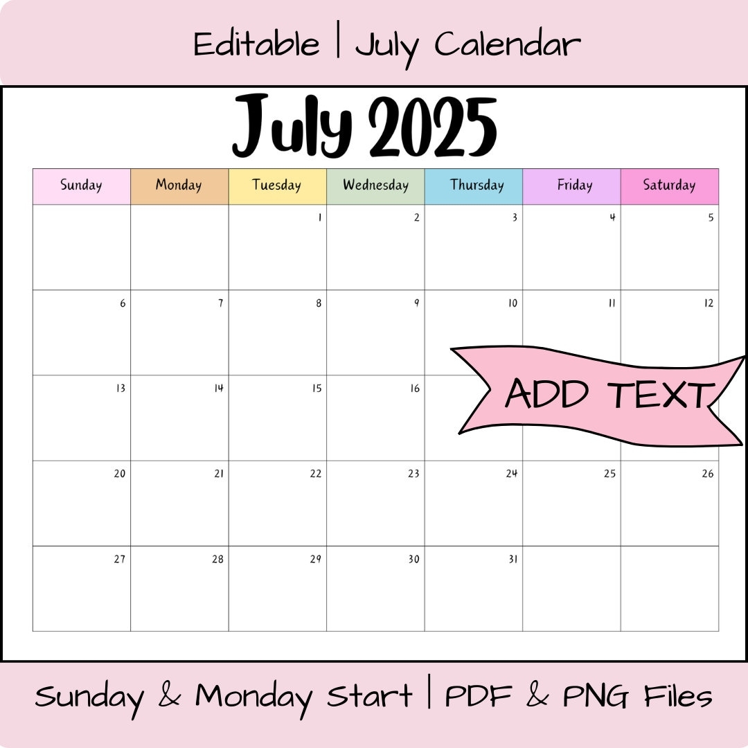 Editable July 2025 Calendar Printable Activity Planner Rainbow 