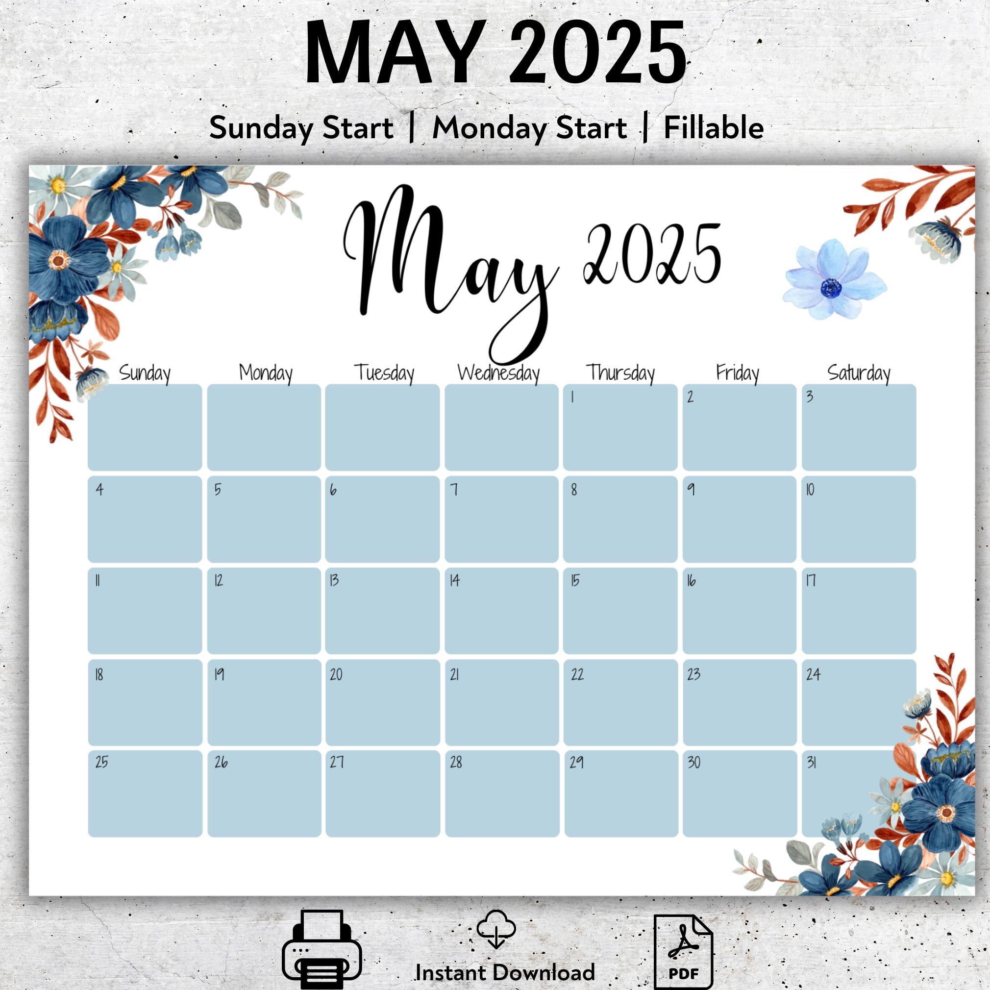EDITABLE May 2025 Calendar 2025 May Fillable Calendar Printable 