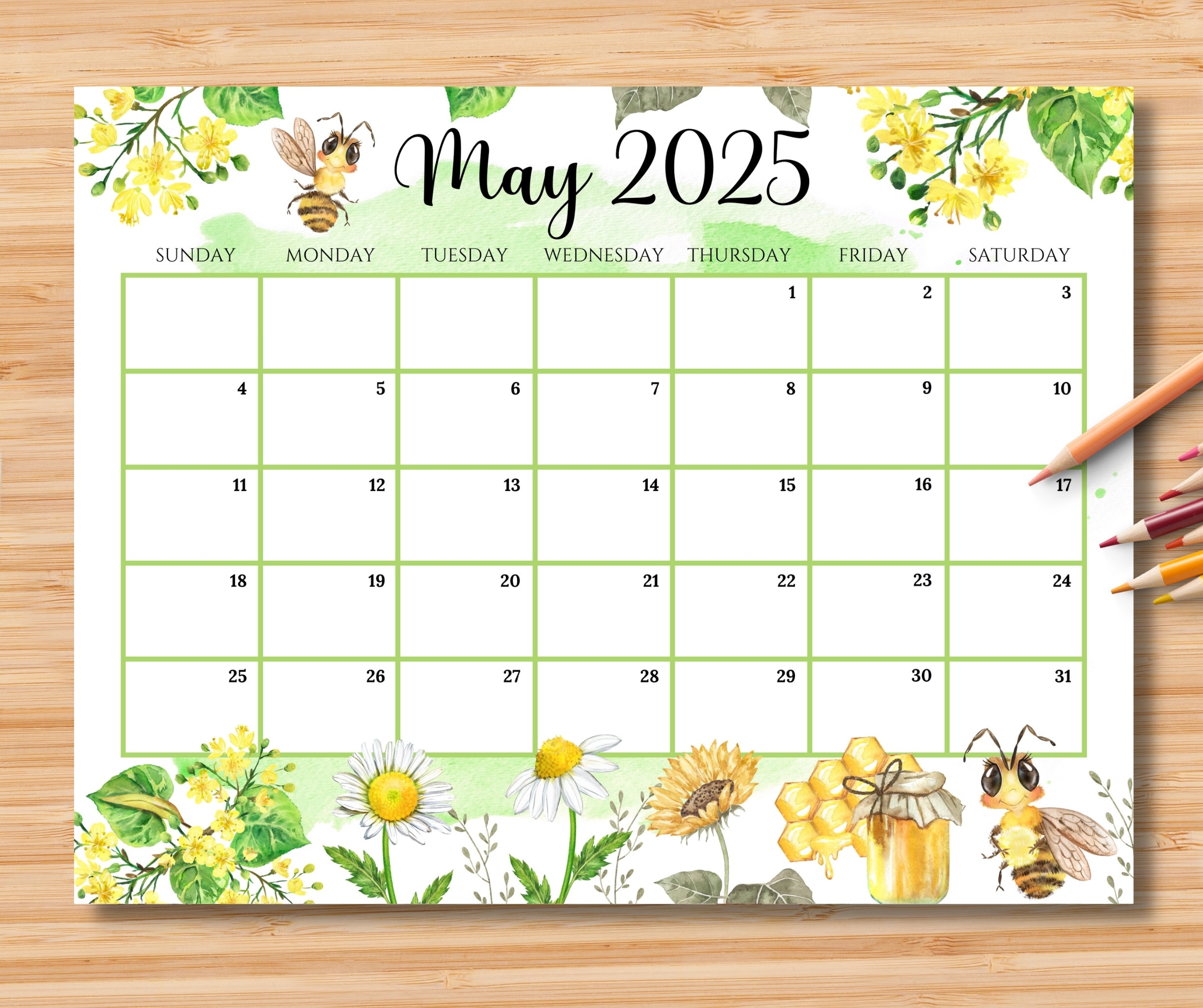 EDITABLE May 2025 Calendar Hello Spring With Cute Honey Bees 
