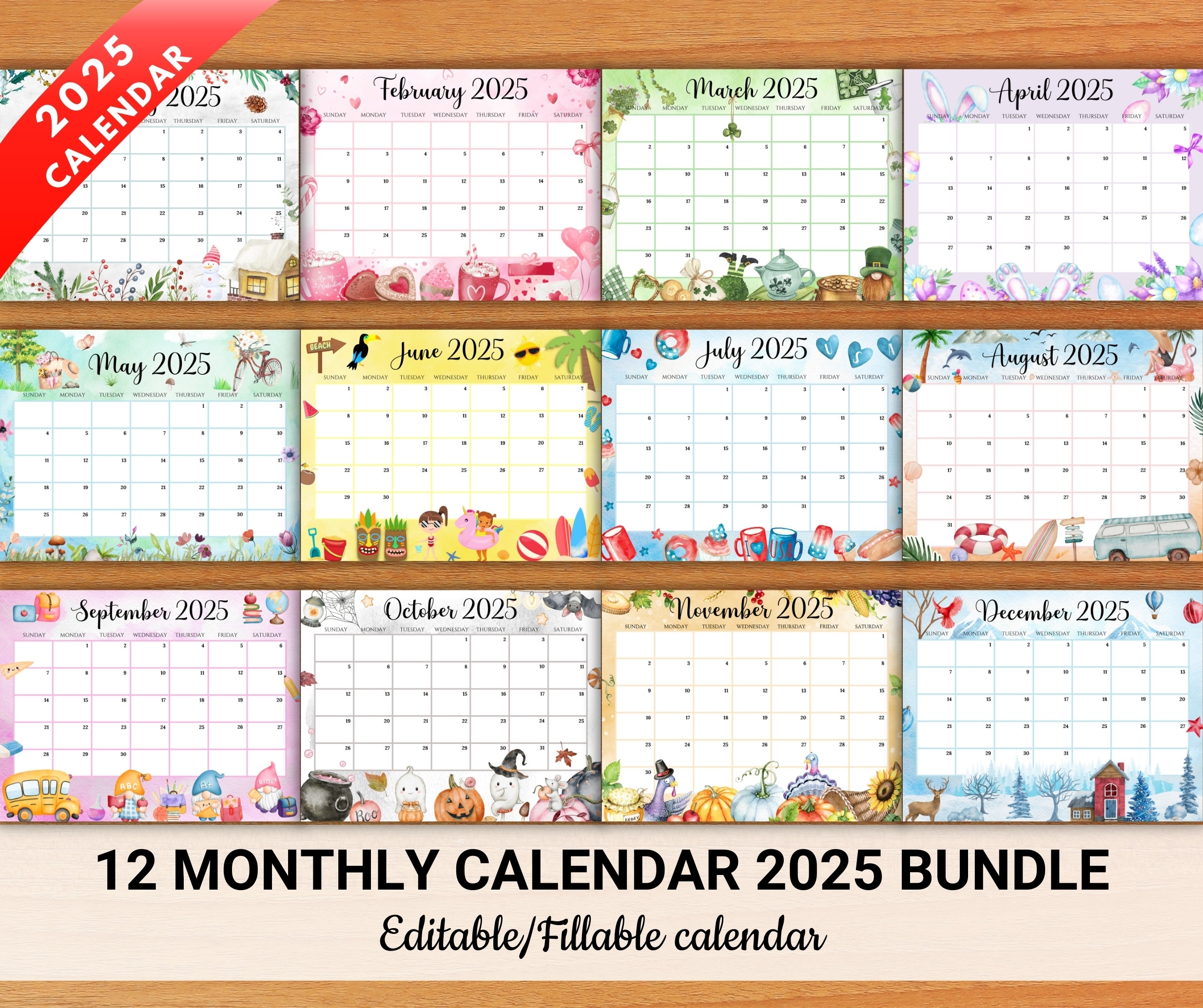 EDITABLE Monthly Calendar 2025 12 Beautiful Printable Monthly 