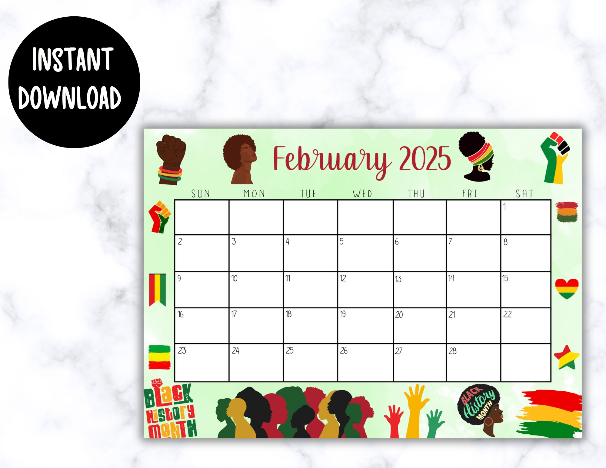 EDITABLE Printable February Calendar 2025 Black History Month 