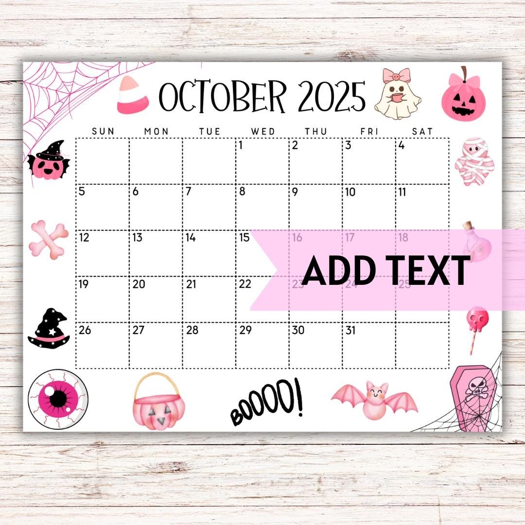 EDITABLE Printable October 2025 Calendar Cute U0026 Spooky Pink 
