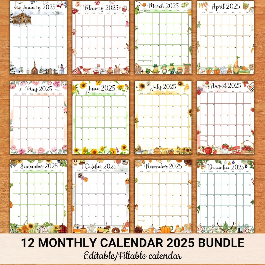 EDITABLE Vertical portrait Monthly Calendar 2025 Bundle 