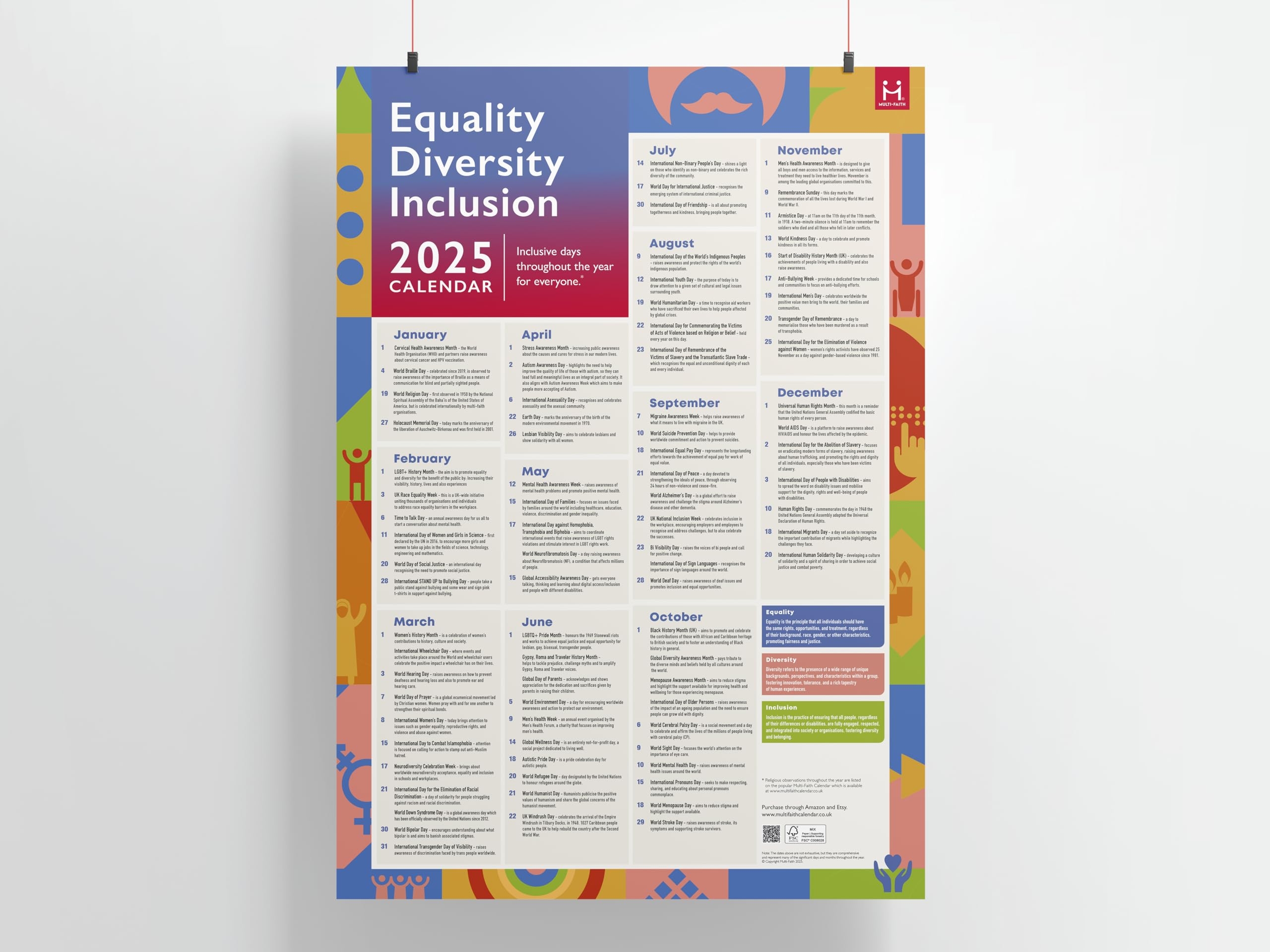 Equality Diversity Inclusion EDI Calendar 2025 A2 Poster Inclusive Days And Months Throughout The Year For Everyone Amazon co uk Stationery U0026 
