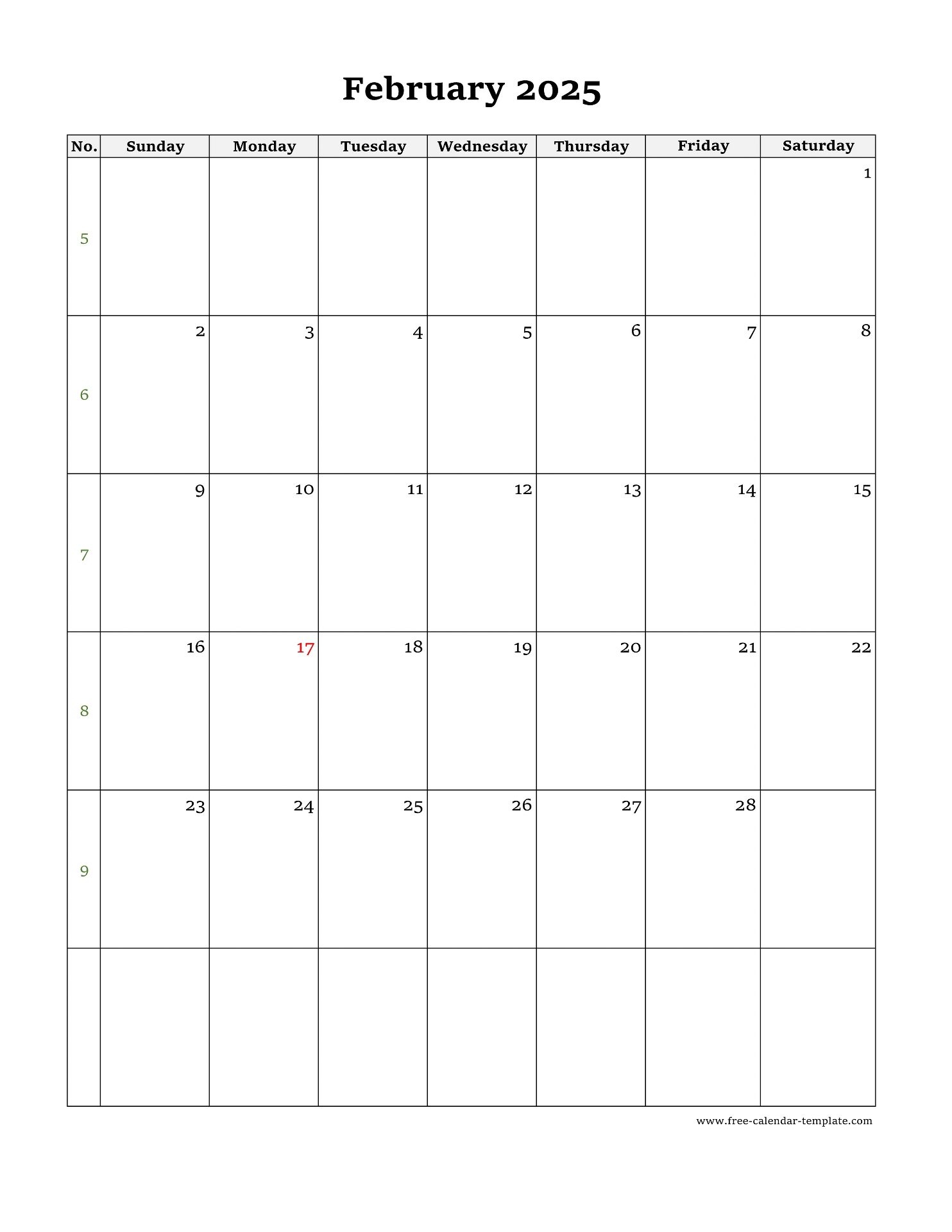 February Calendar 2025 Simple Design With Large Box On Each Day 