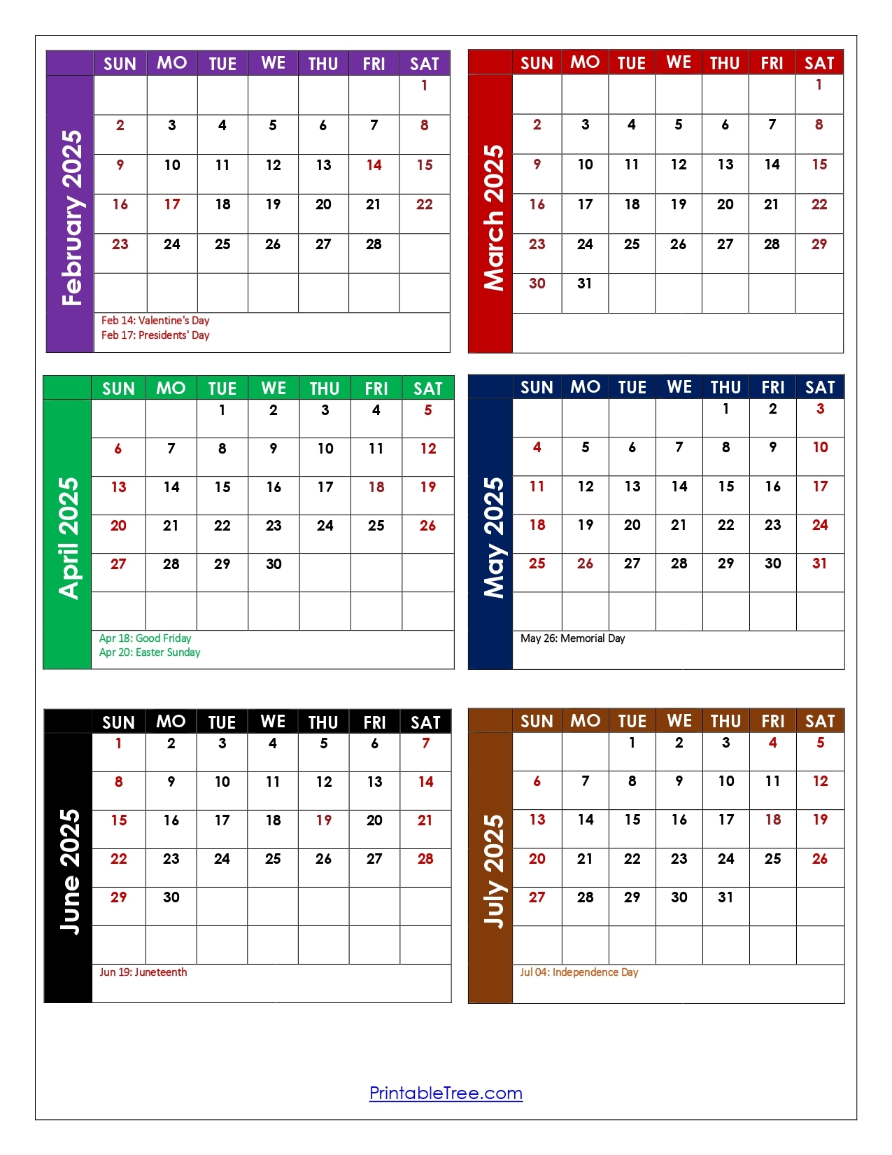 Free Printable 6 Month Calendar 2025