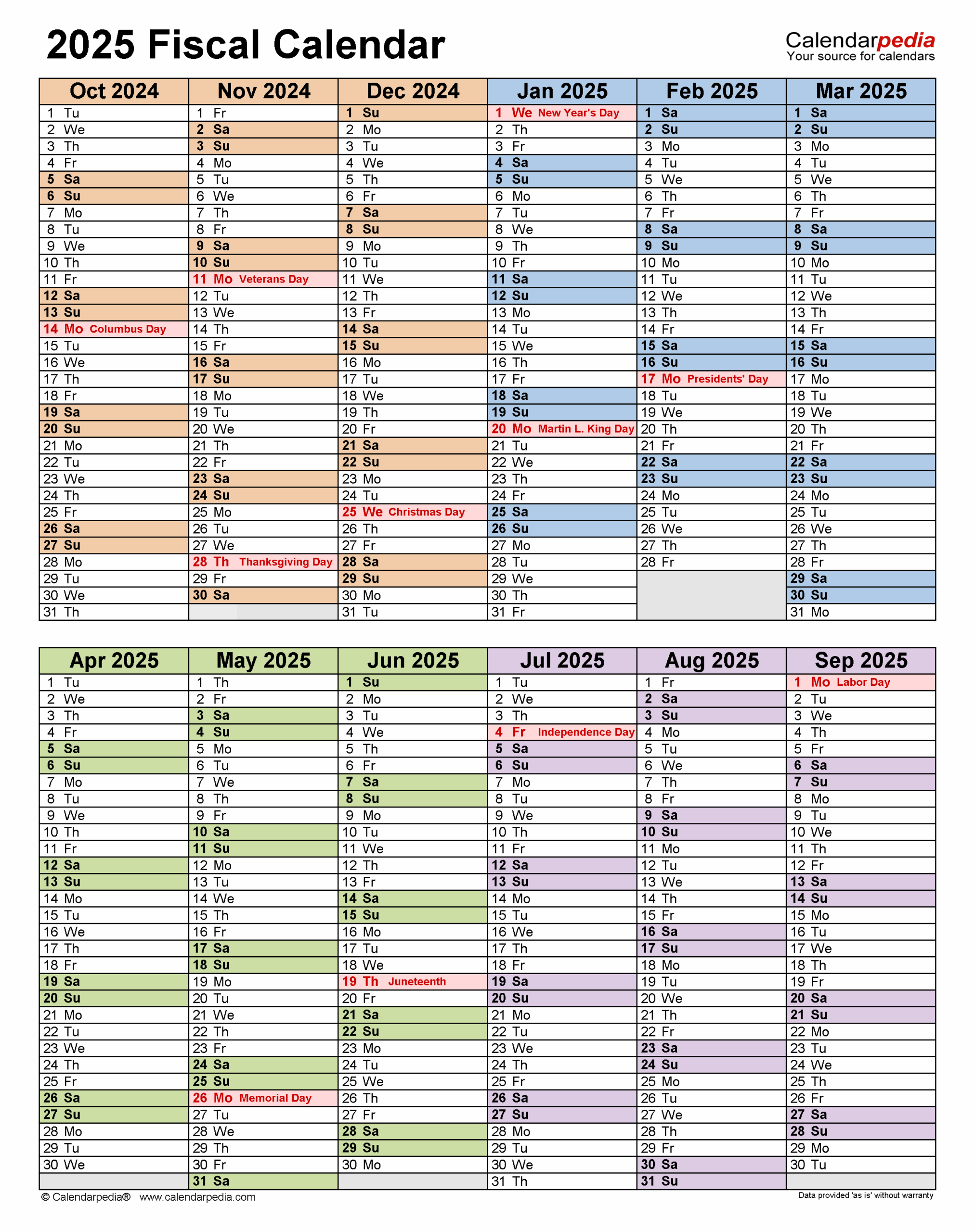 Fiscal Calendars 2025 Free Printable PDF Templates