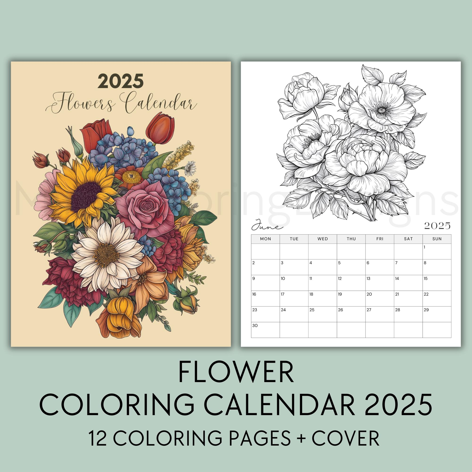 Floral Coloring Calendar 2025 Printable 2025 Monthly Planner 