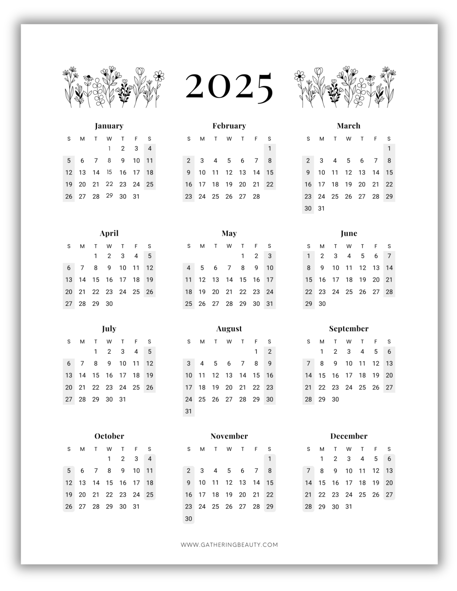 Free 2025 Printable Calendar One Page Gathering Beauty