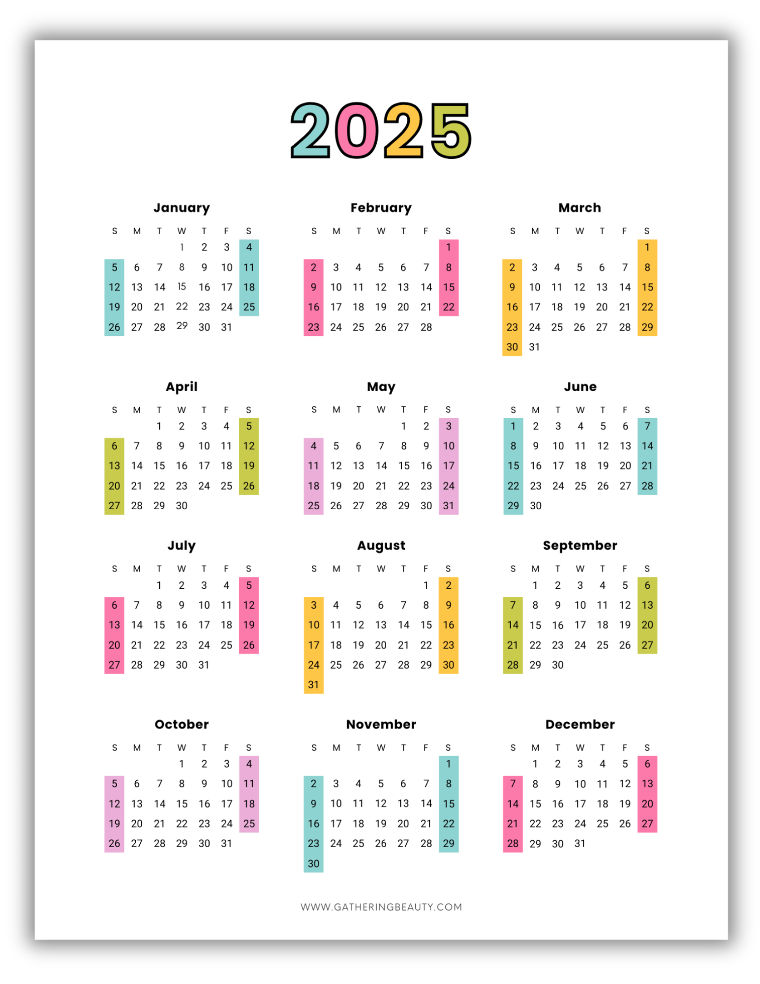 Free 2025 Printable Calendar One Page Gathering Beauty