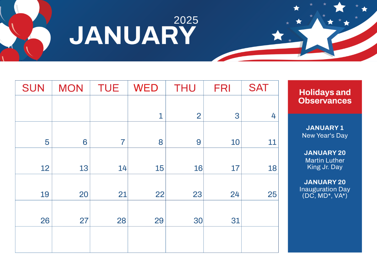 Free 2025 US Calendar With Holidays Template To Edit Online