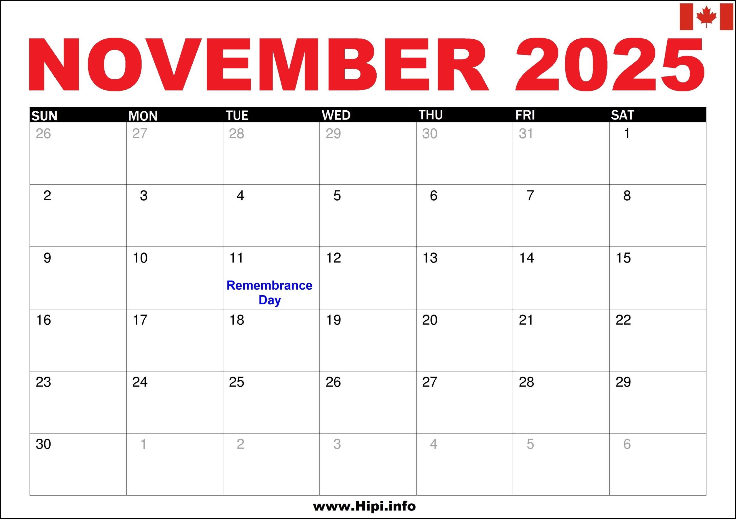 November 2025 Calendar Canada Printable