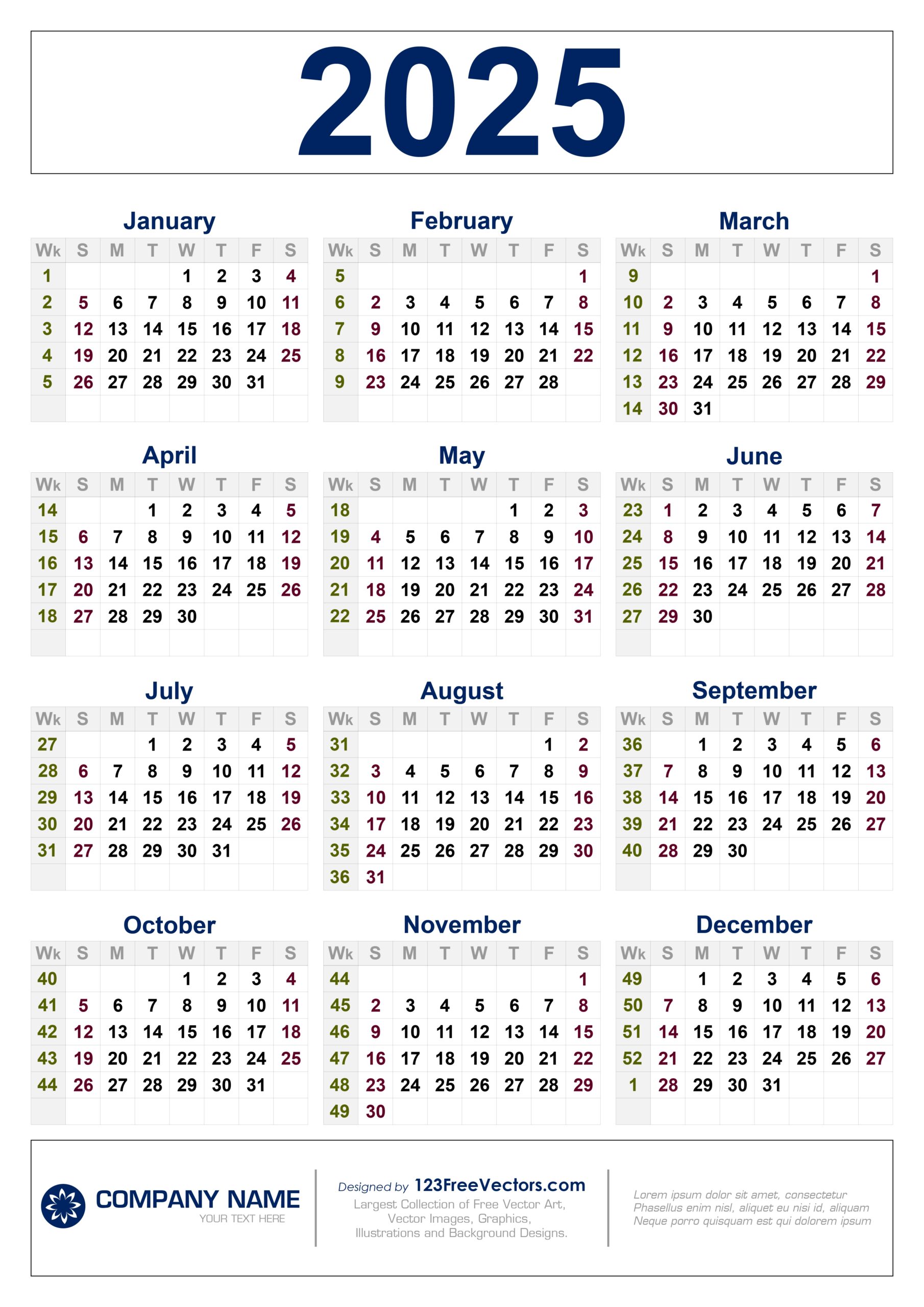 Free Download 2025 Calendar With Week Numbers