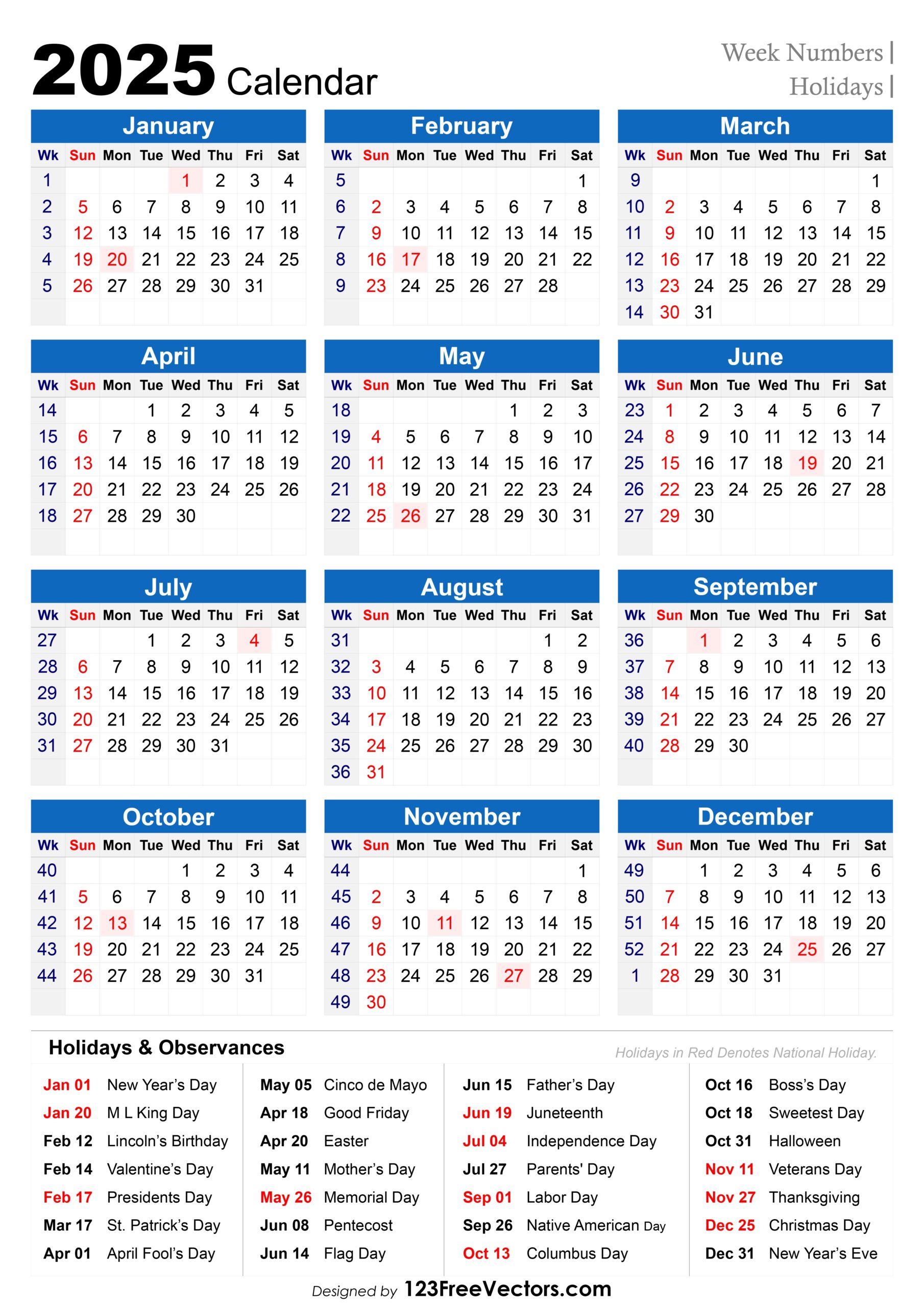 Free Download 2025 Holiday Calendar With Week Numbers