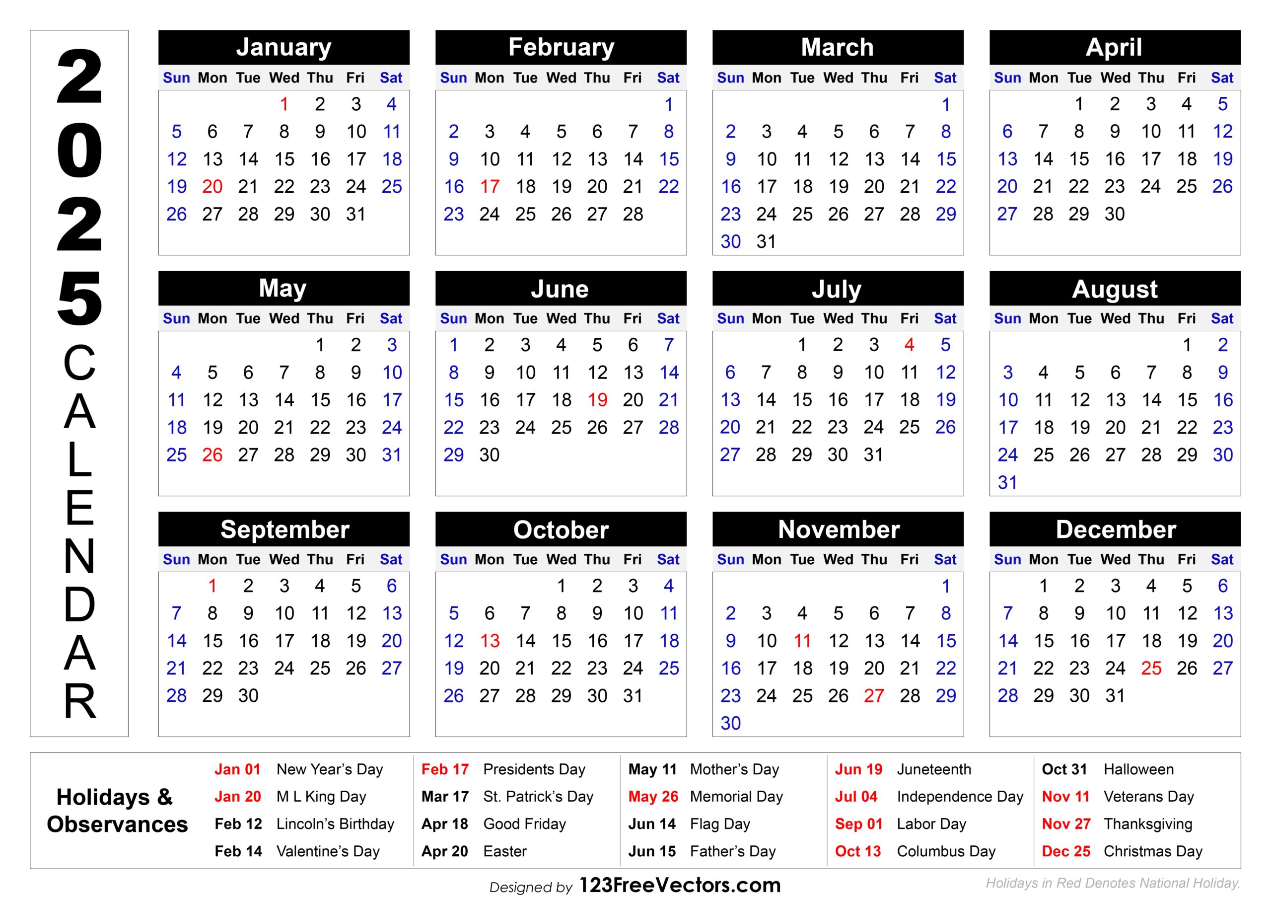 Free Download 2025 Printable Calendar With Holidays