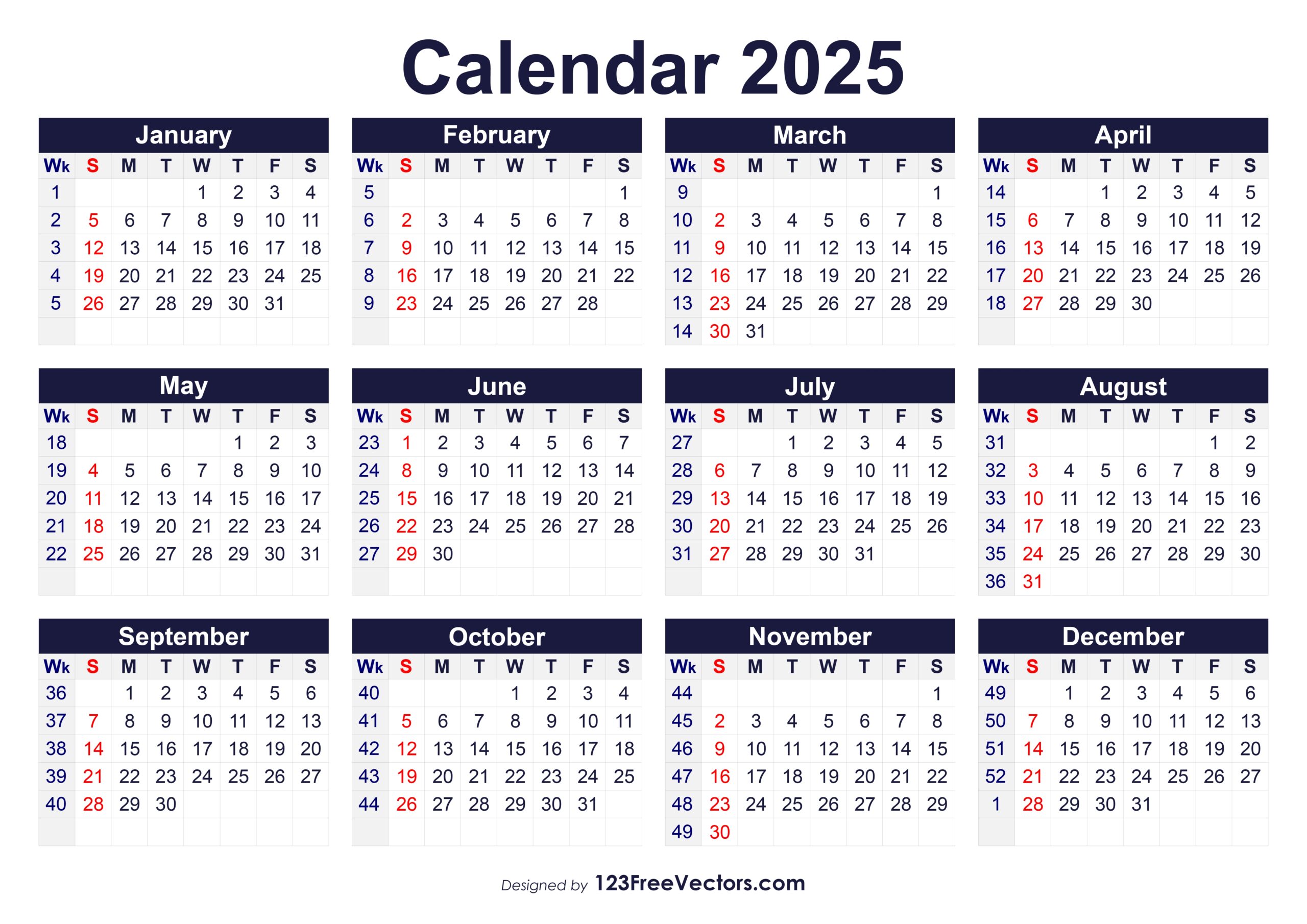 Free Download Printable 2025 Calendar With Week Numbers