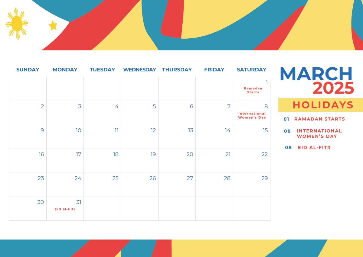 Free March 2025 Calendar With Philippine Holidays Template To Edit 