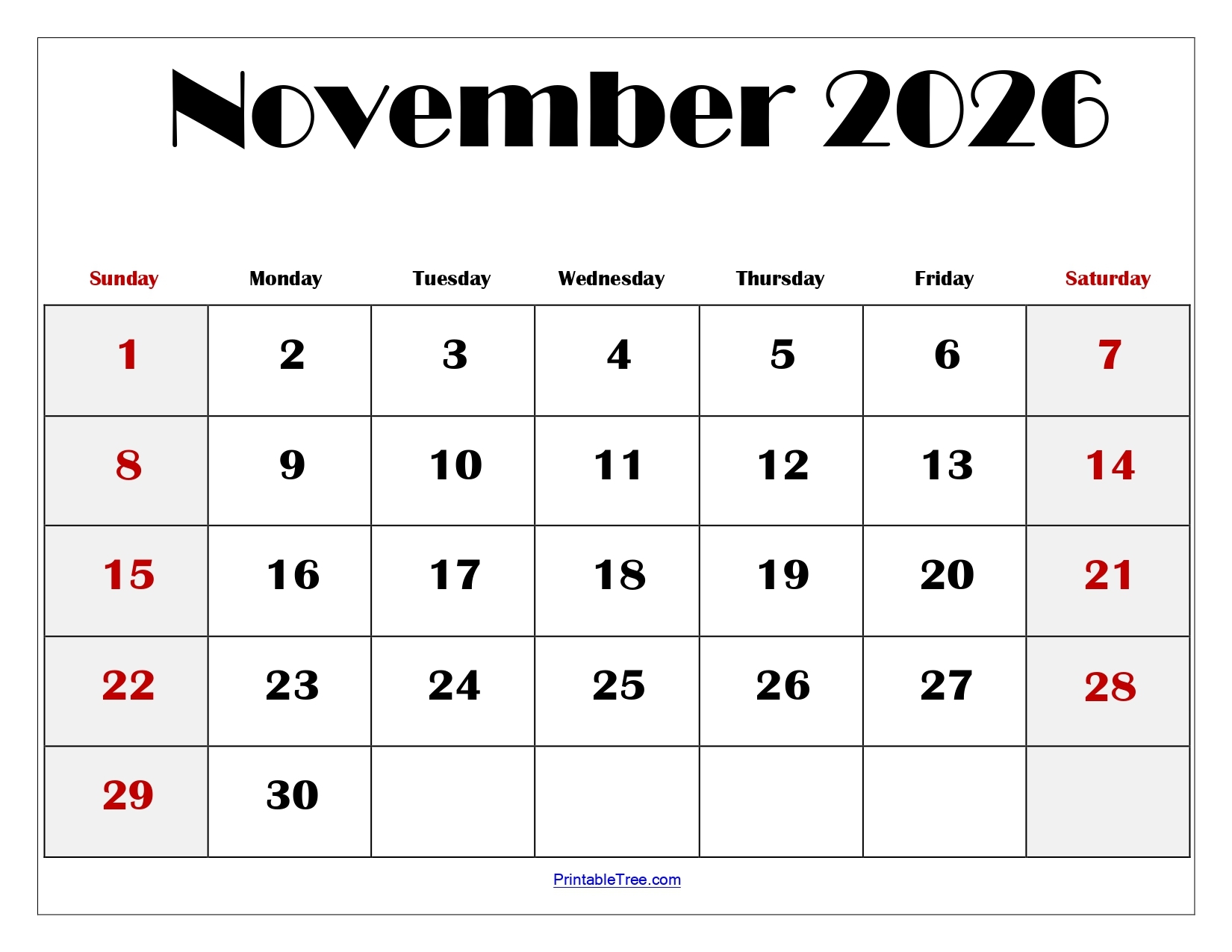 Free November 2026 Calendar Printable PDF With Holidays Templates