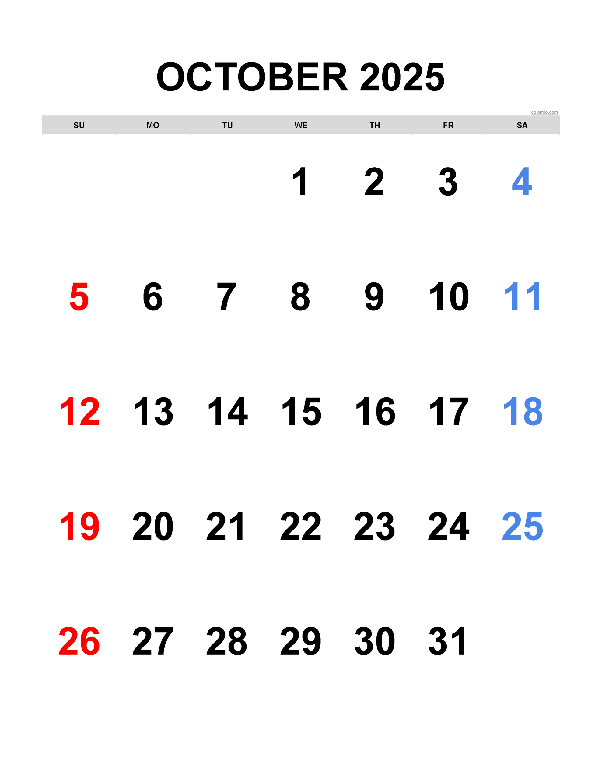 October 2025 Calendar Printable Portrait