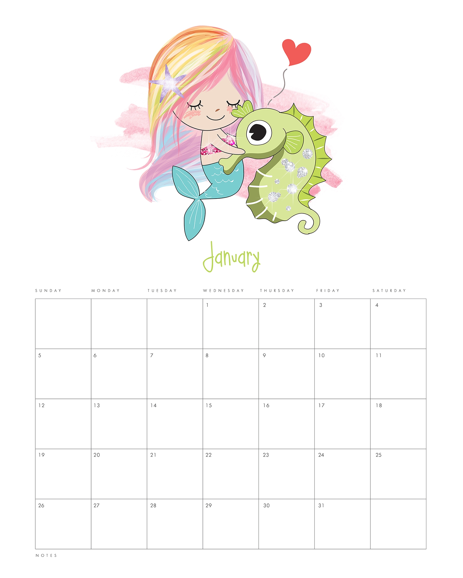 Free Printable 2020 Kawaii Mermaid Calendar The Cottage Market