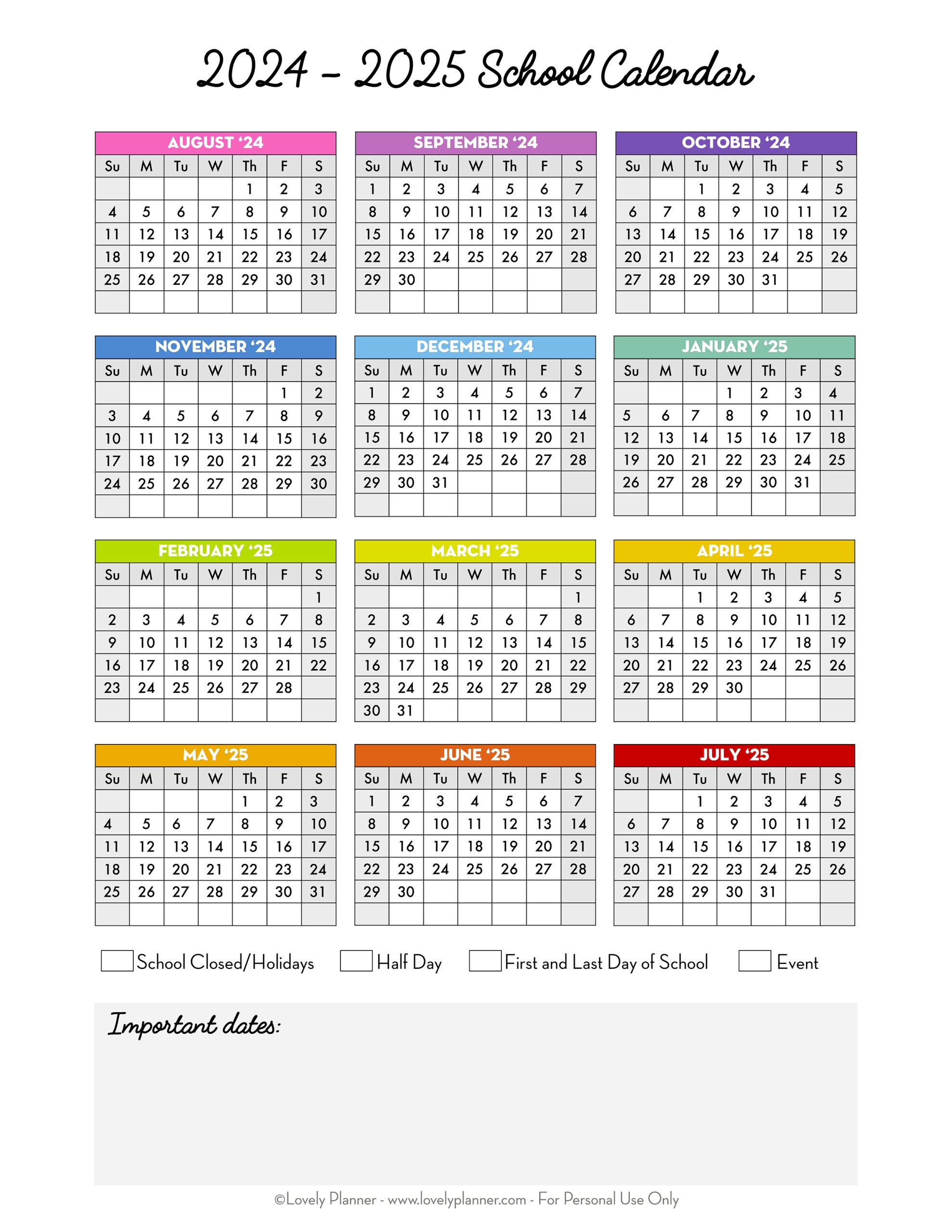 Free Printable 2024 2025 School Calendar One Page Academic Calendar Lovely Planner