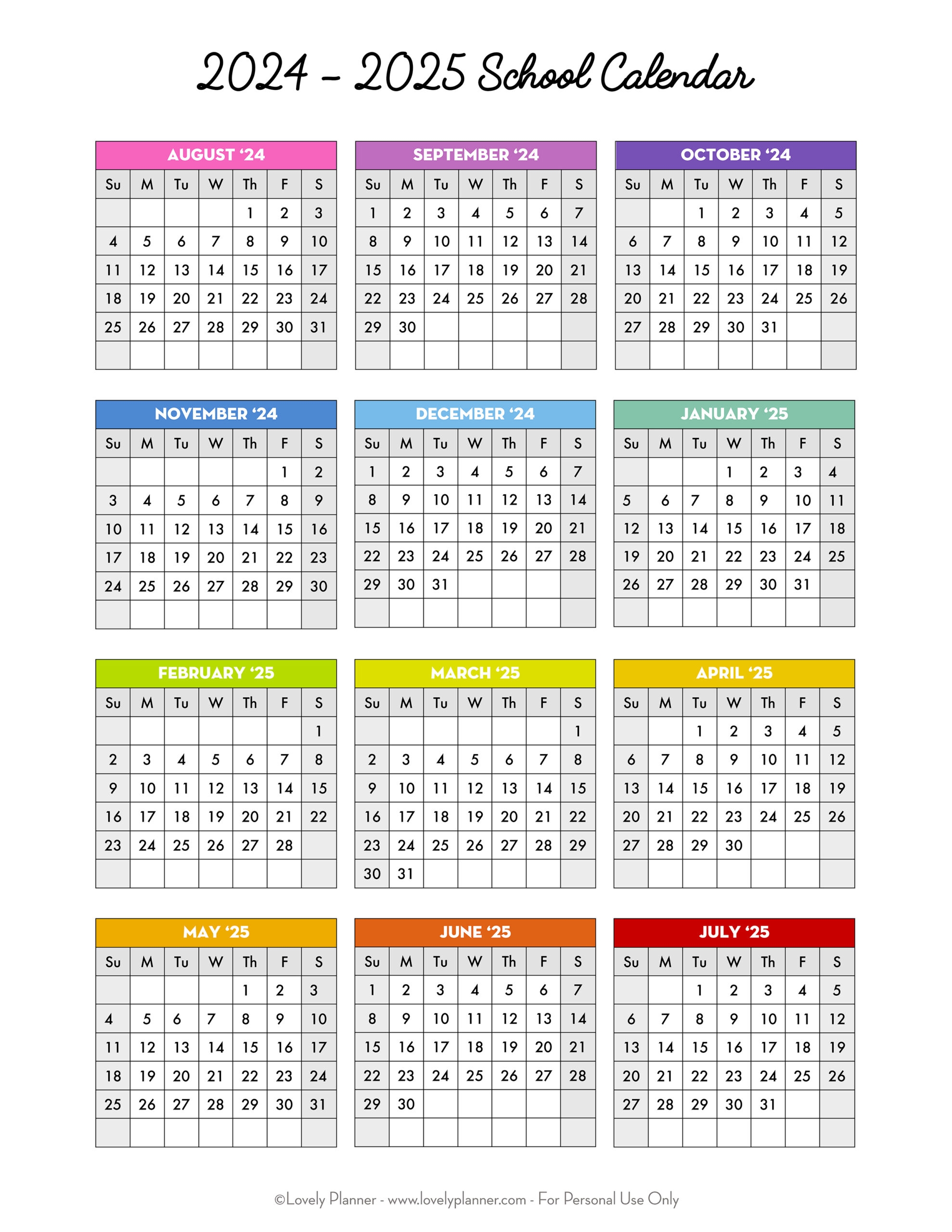 Free Printable 2024 2025 School Calendar One Page Academic 