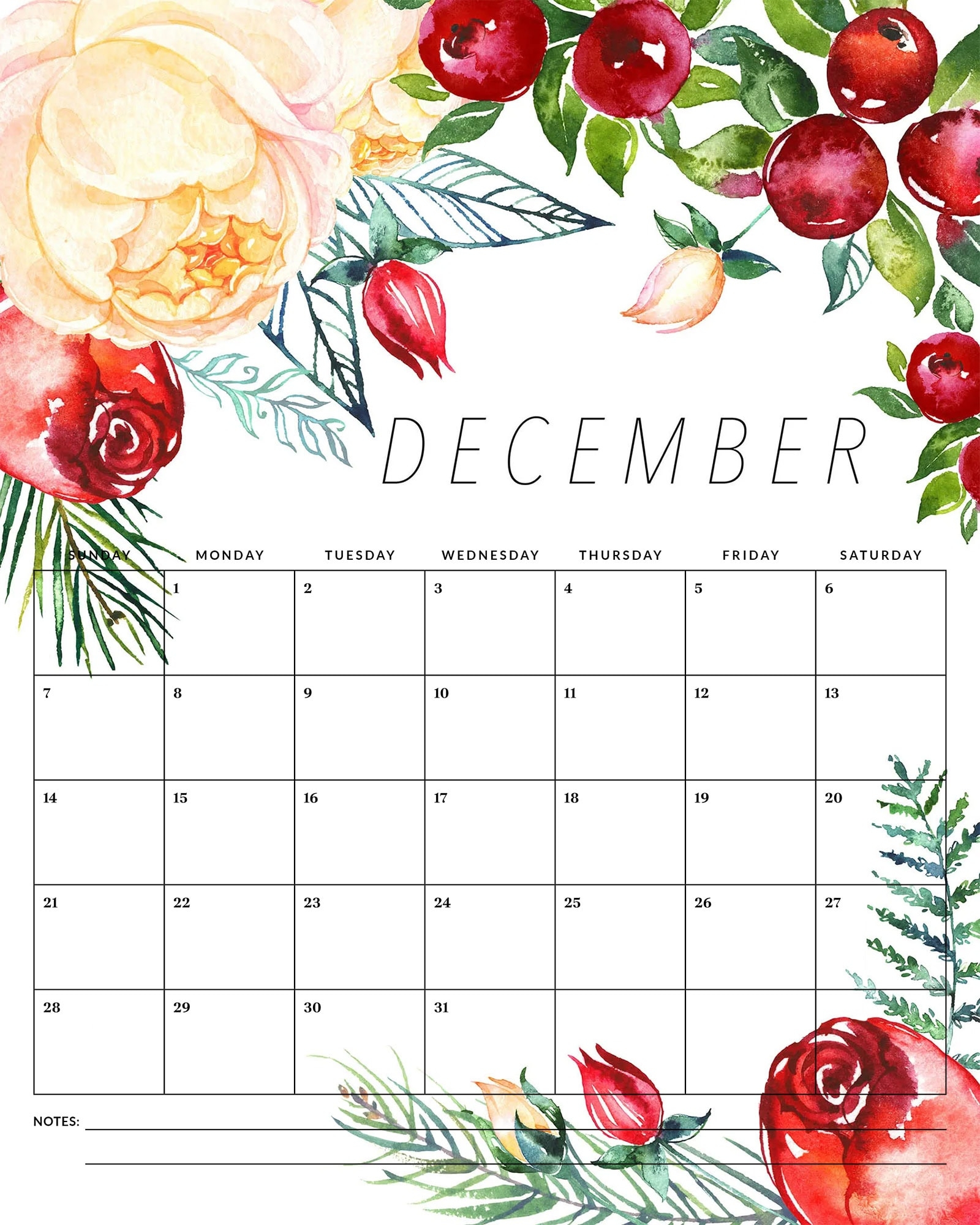 Free Printable 2025 Floral Full Page Calendar