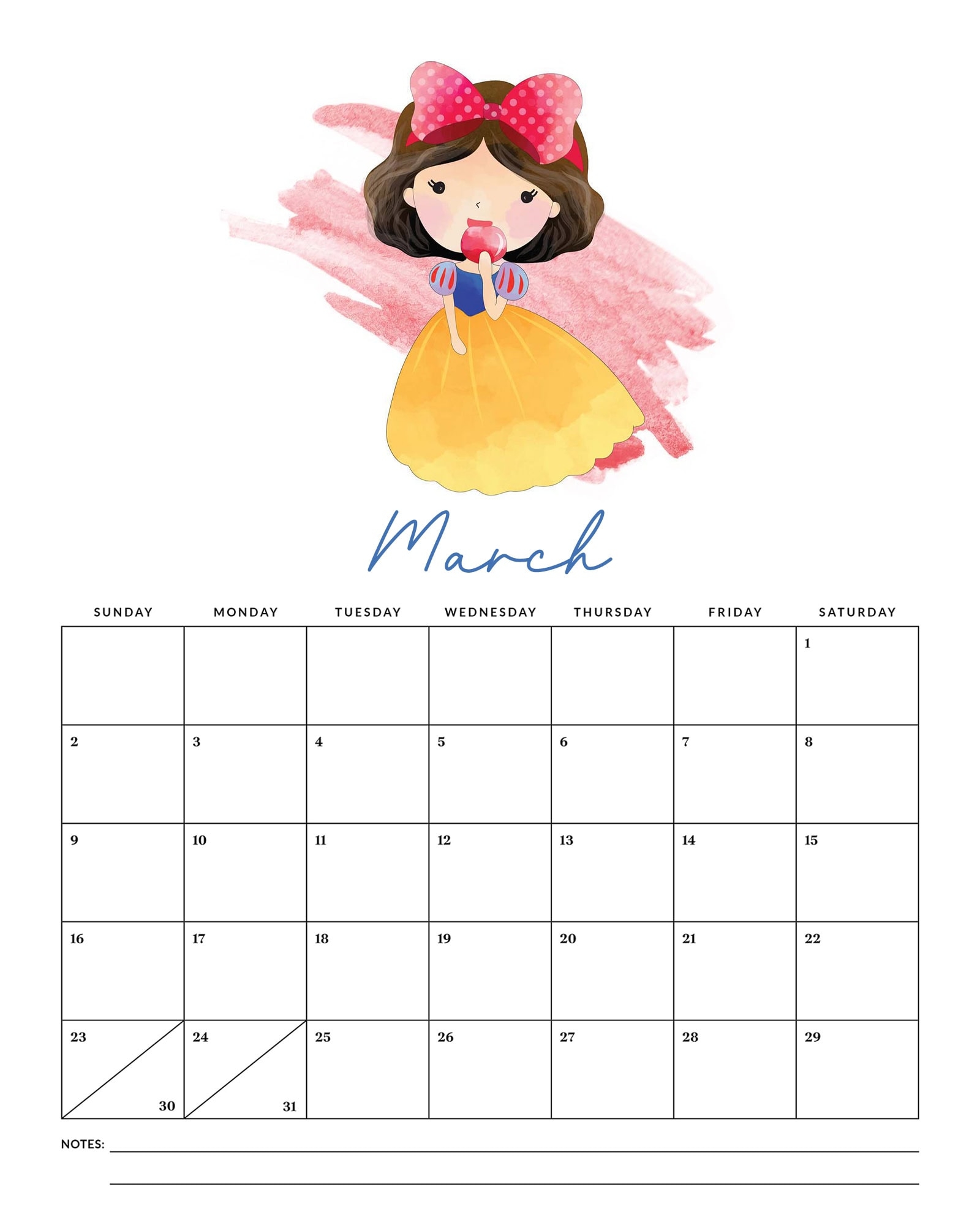 Free Printable 2025 Princess Calendar The Cottage Market