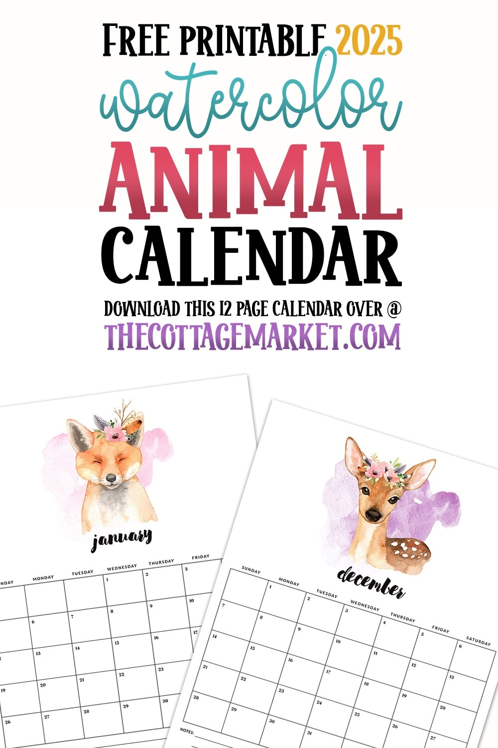Free Printable 2025 Watercolor Animal Calendar