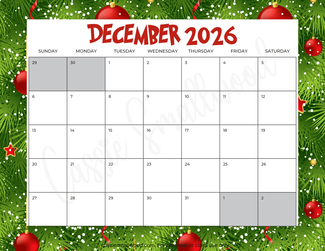 FREE PRINTABLE 2026 DECEMBER CALENDAR Cassie Smallwood