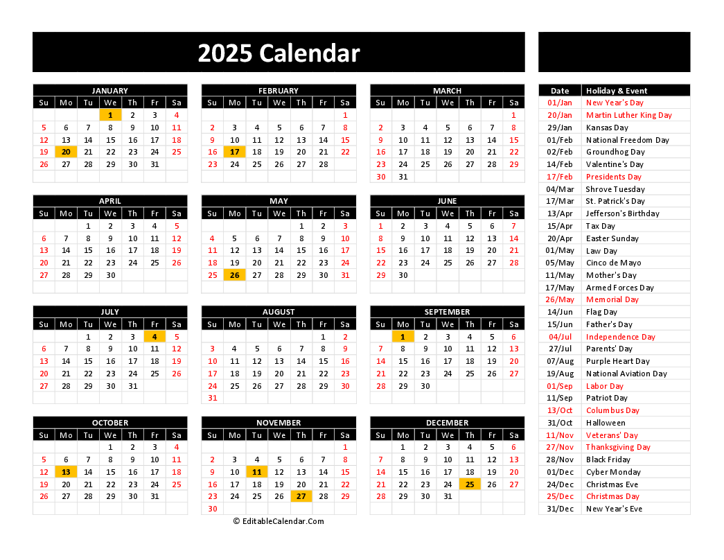 Free Printable 12 Month 2025 Calendar With Holidays Word Download