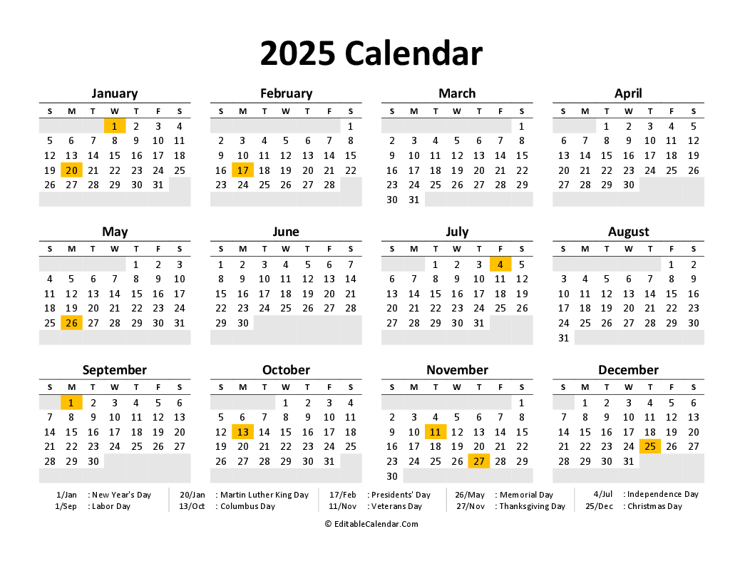 Free Printable Calendar 2025 Word PDF Excel 