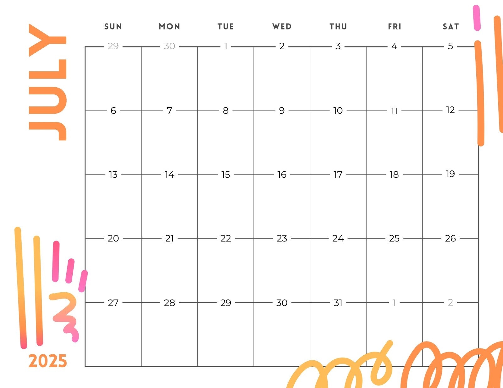 Free Calendar Template July 2025