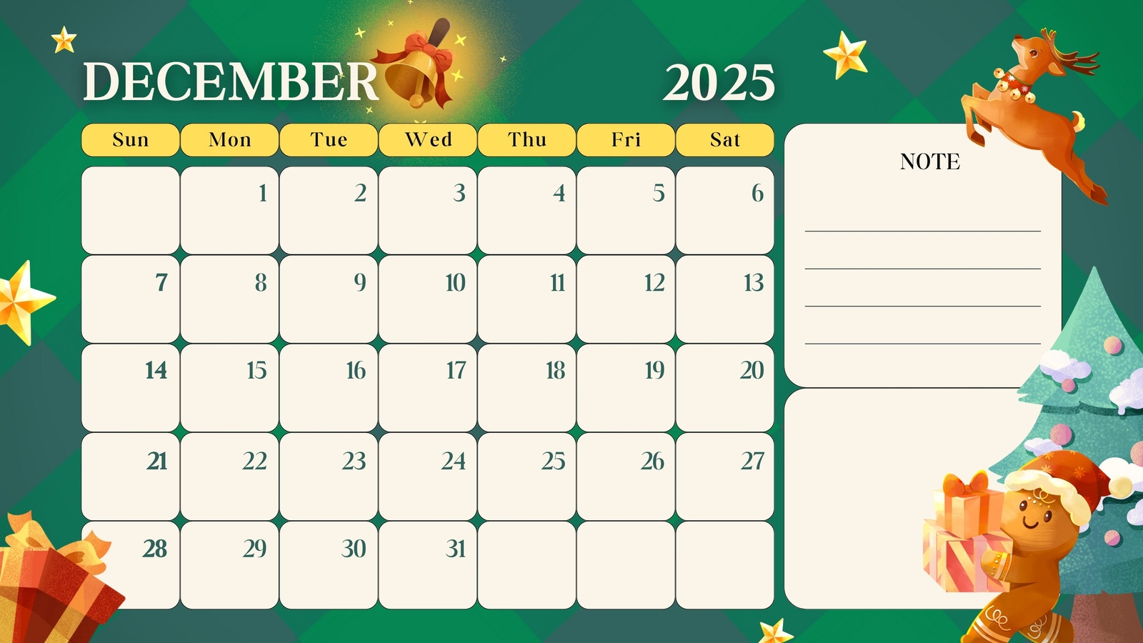 Cute Free Printable December 2025 Calendar