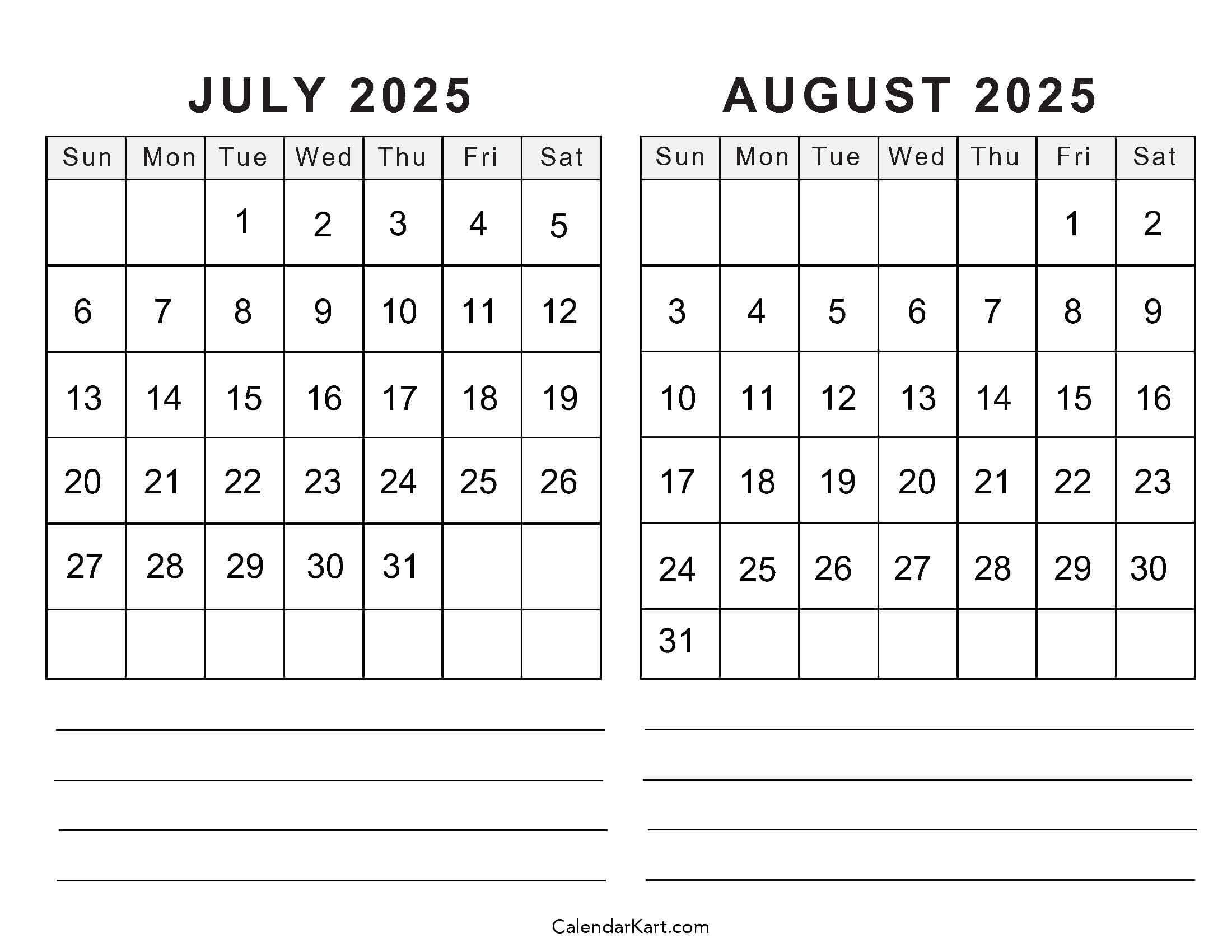 Free Printable July August 2025 Calendar Calendarkart