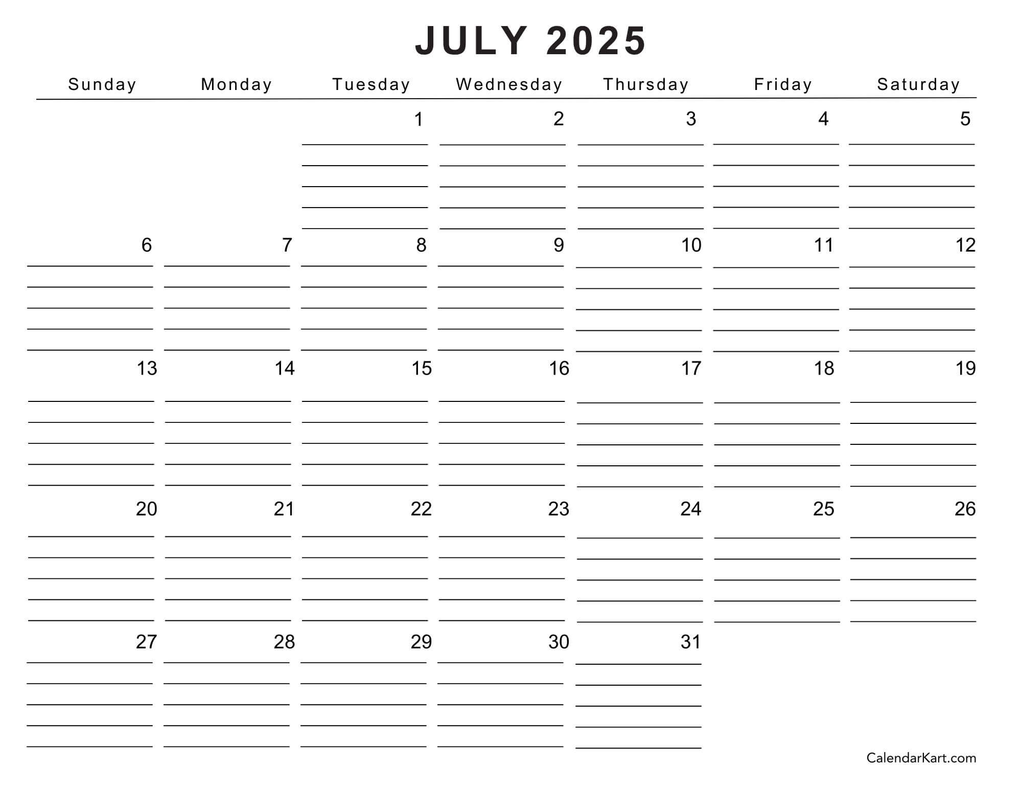Printable Monthly Calendar 2025 July