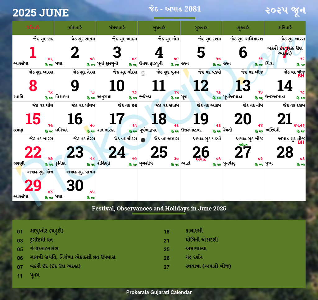 Gujarati Calendar June 2025 Vikram Samvat 2081 Jetha Ashadha