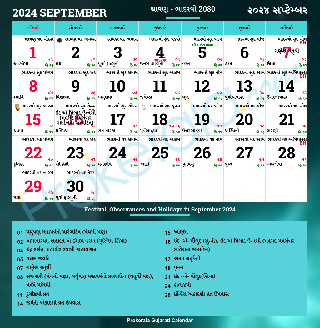 Gujarati Calendar 2025 September