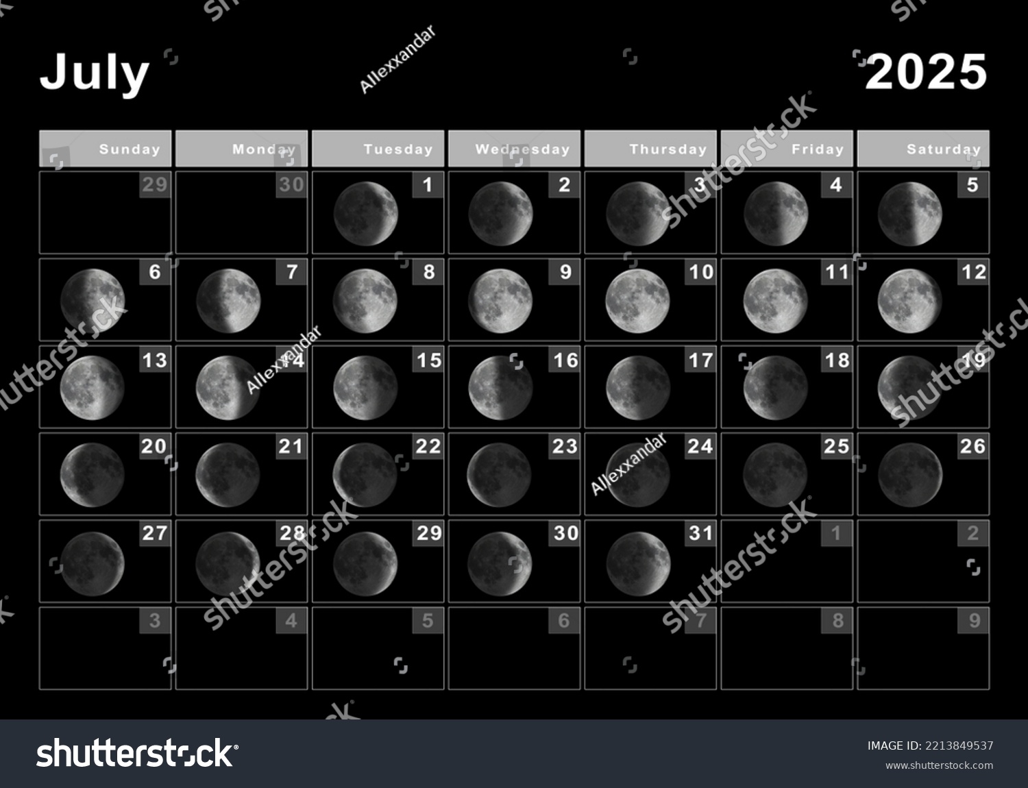 Ilustrasi Stok July 2025 Lunar Calendar Moon Cycles 2213849537 Shutterstock