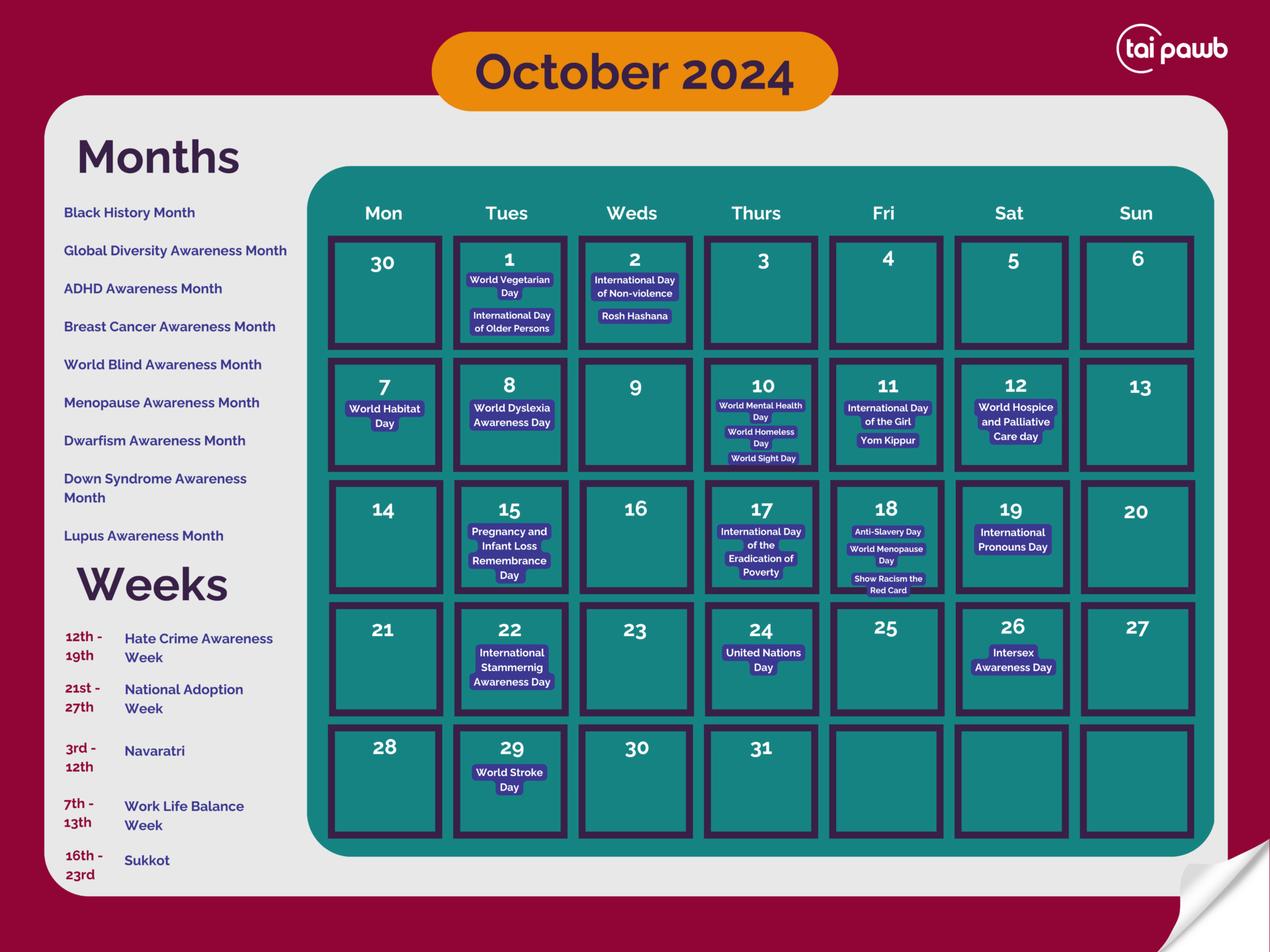 Inclusion Calendar Tai Pawb