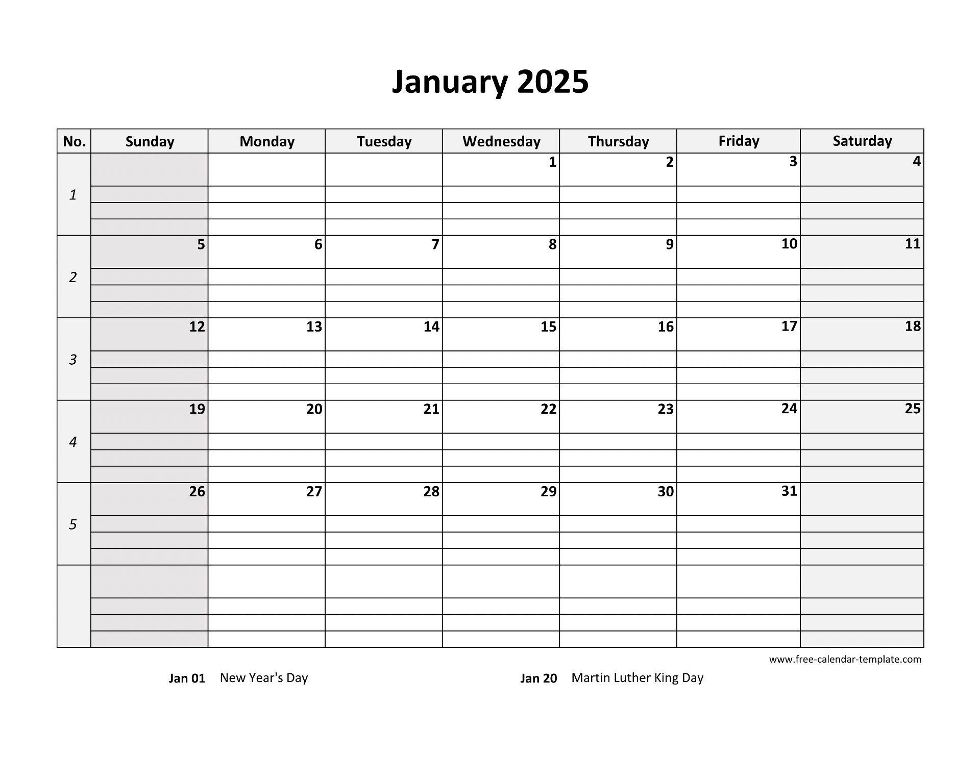 January 2025 Calendar Free Printable With Grid Lines Designed horizontal Free calendar template