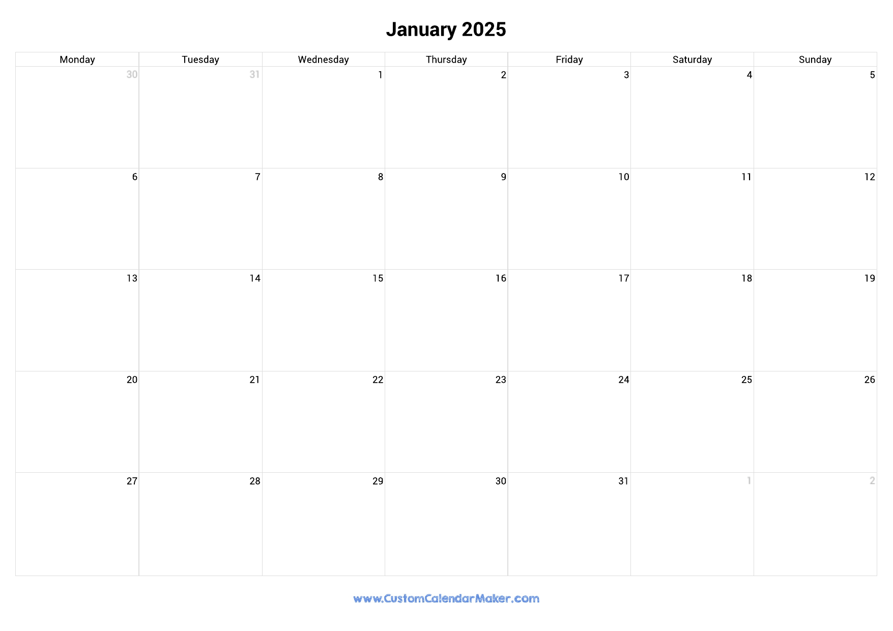 January 2025 Monday Start Calendar Monday To Sunday Custom 