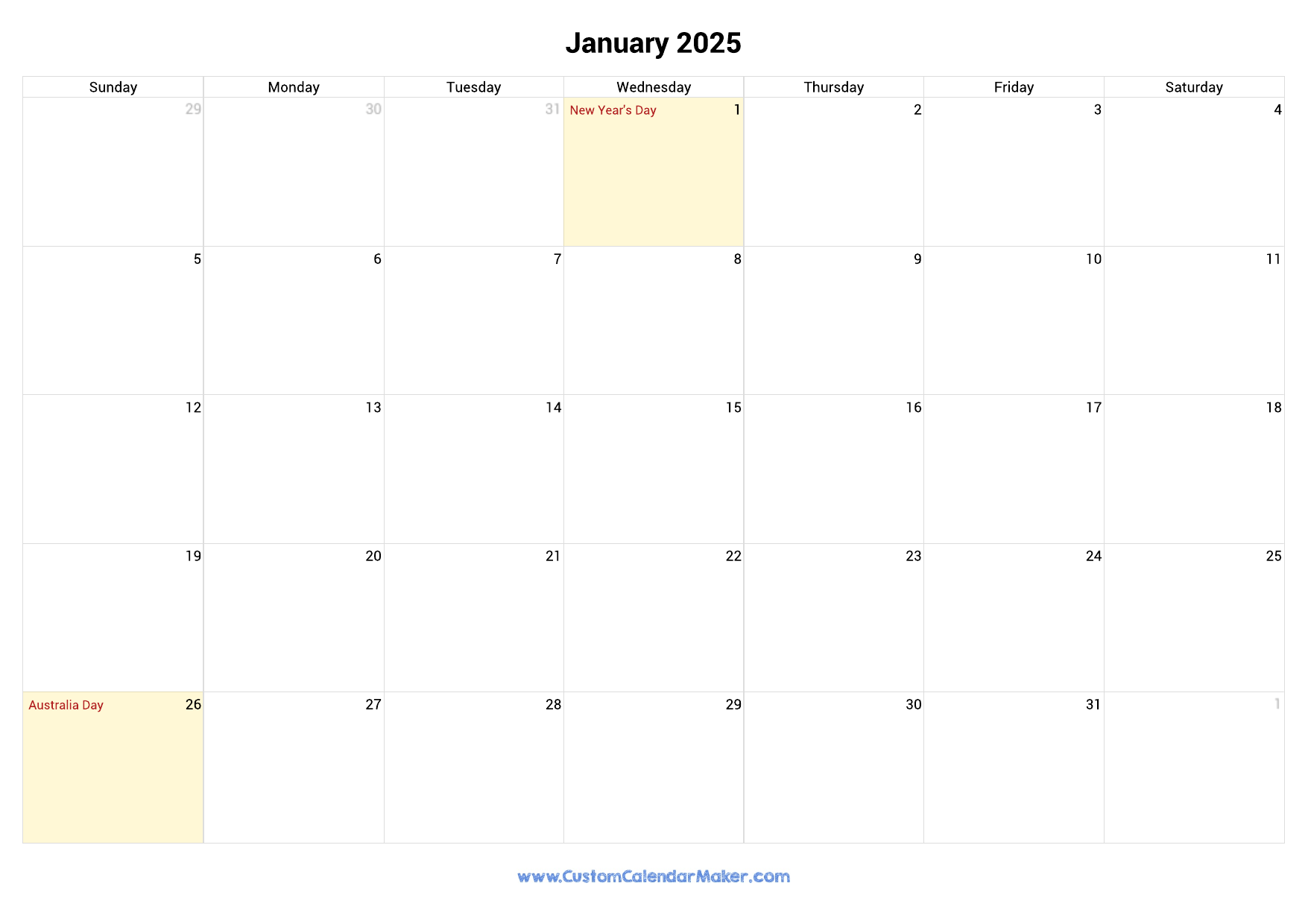 January 2025 Printable Calendar With Australia Holidays Custom Calendar Maker