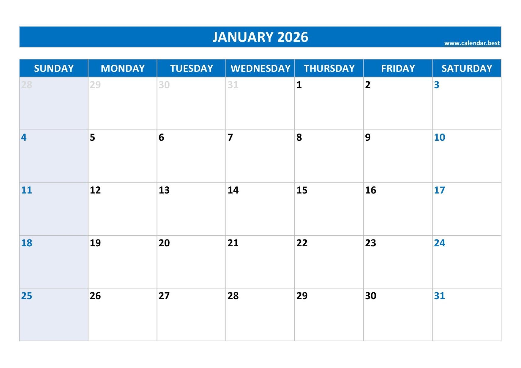 January 2026 Calendar Printable Free Download
