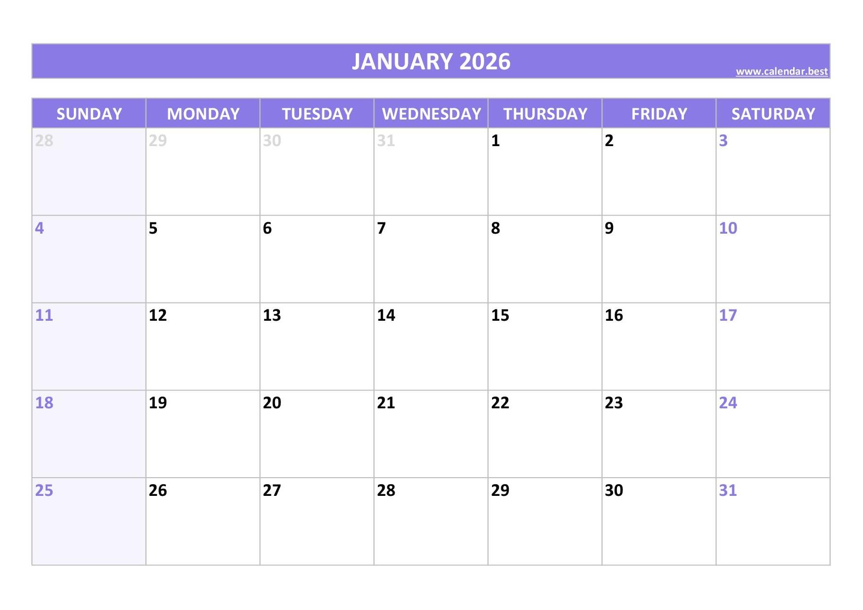January 2026 Calendar Calendar best