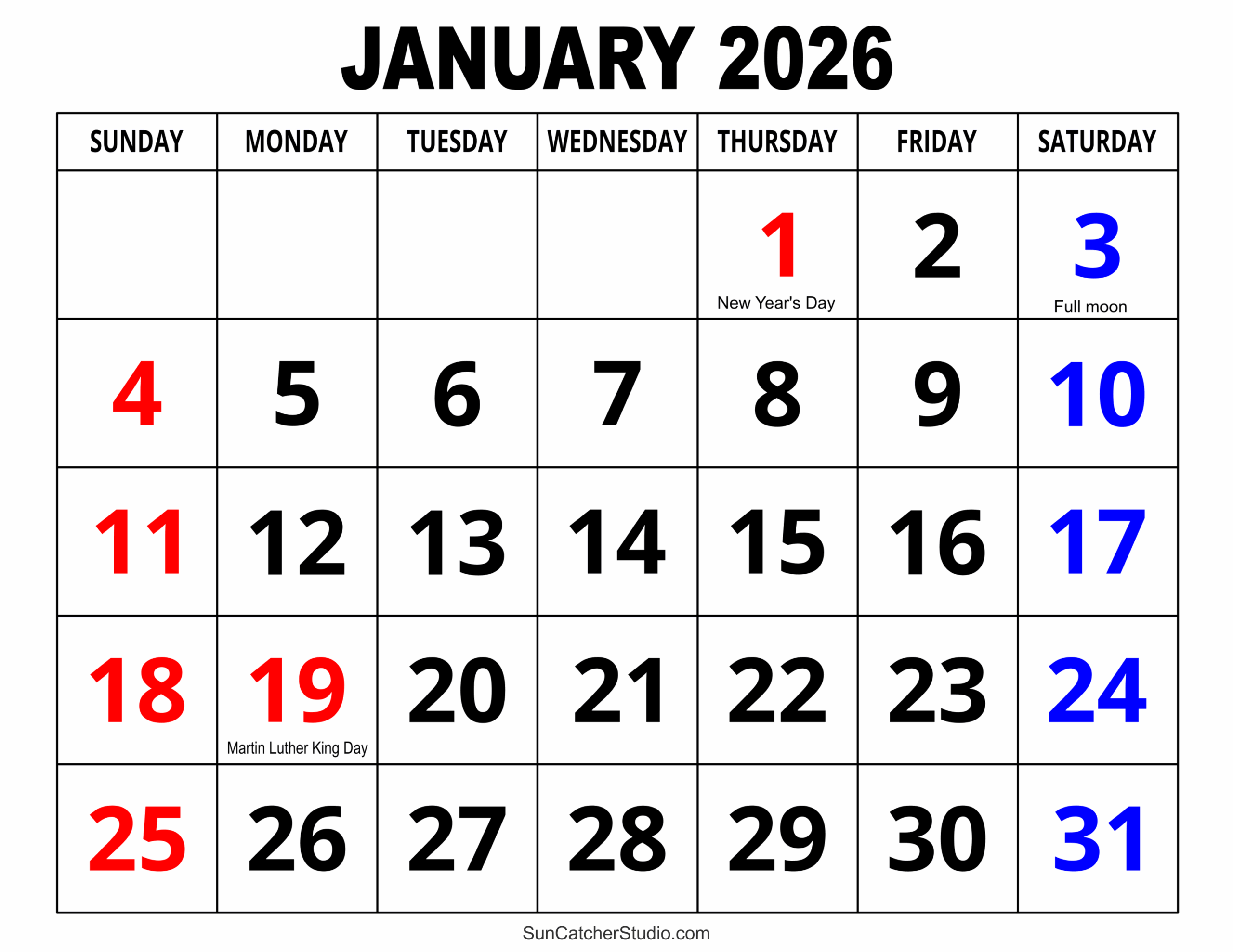 November 2026 January 2026 Calendar Printable