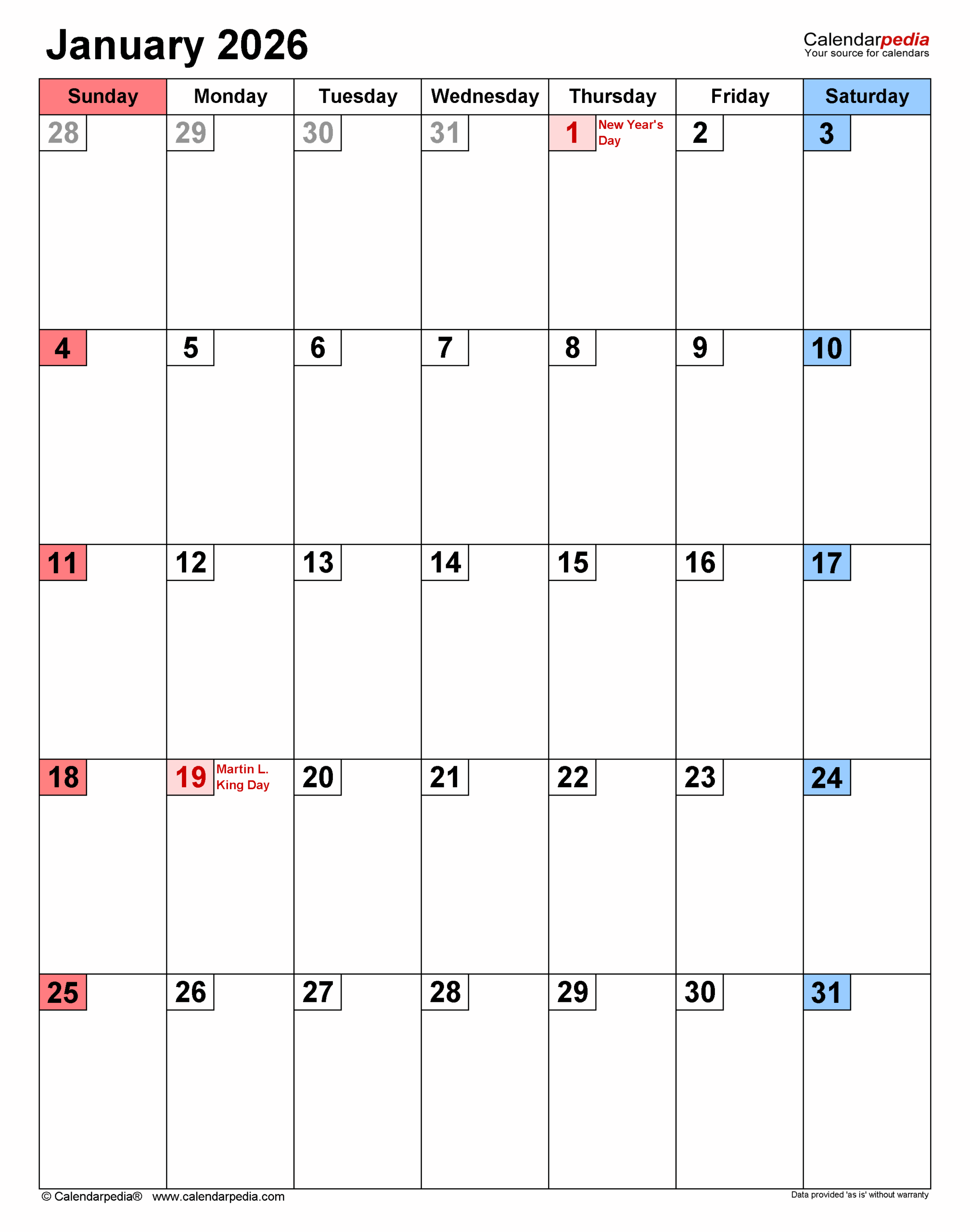 January 2026 Calendar Templates For PDF Excel And Word