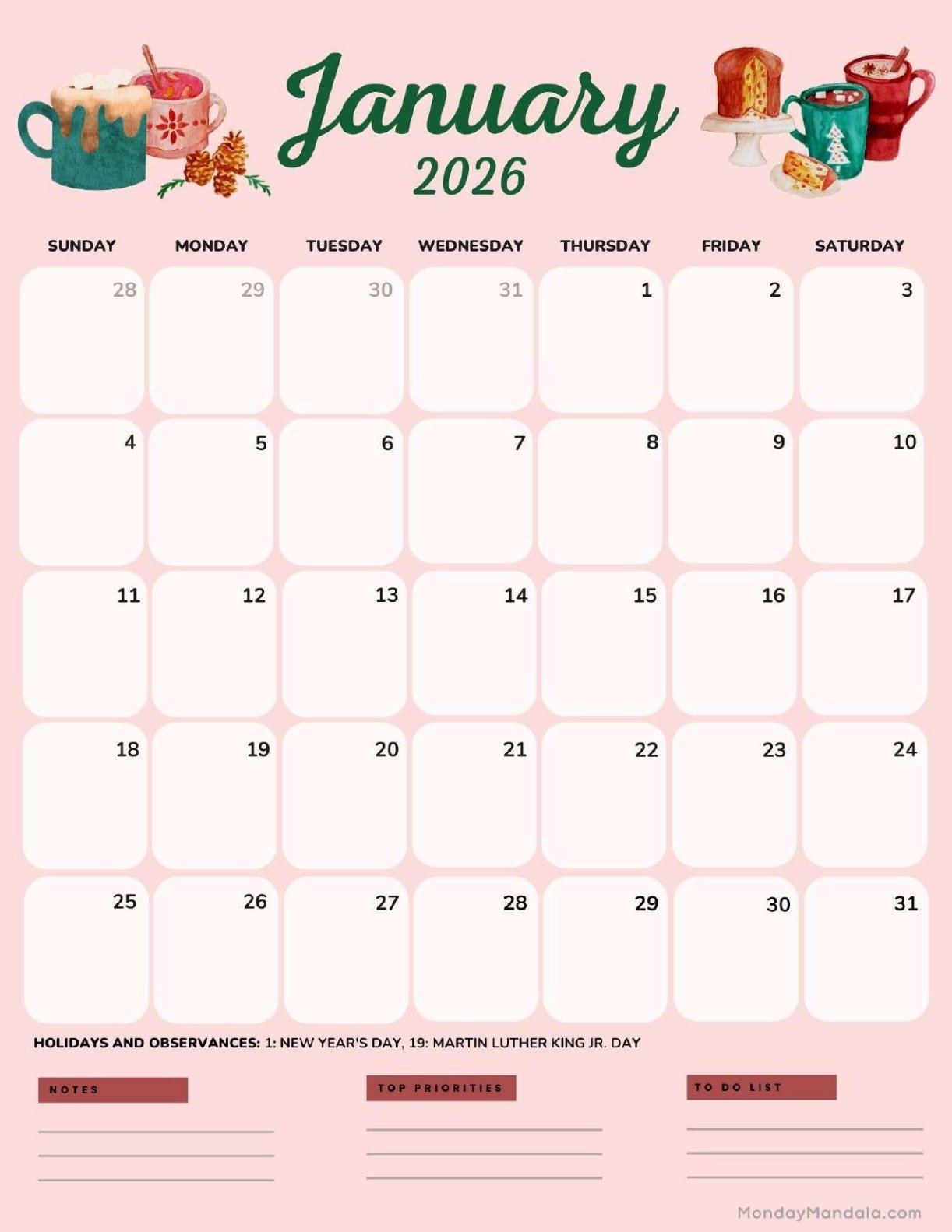 Cute January 2026 Calendar Printable