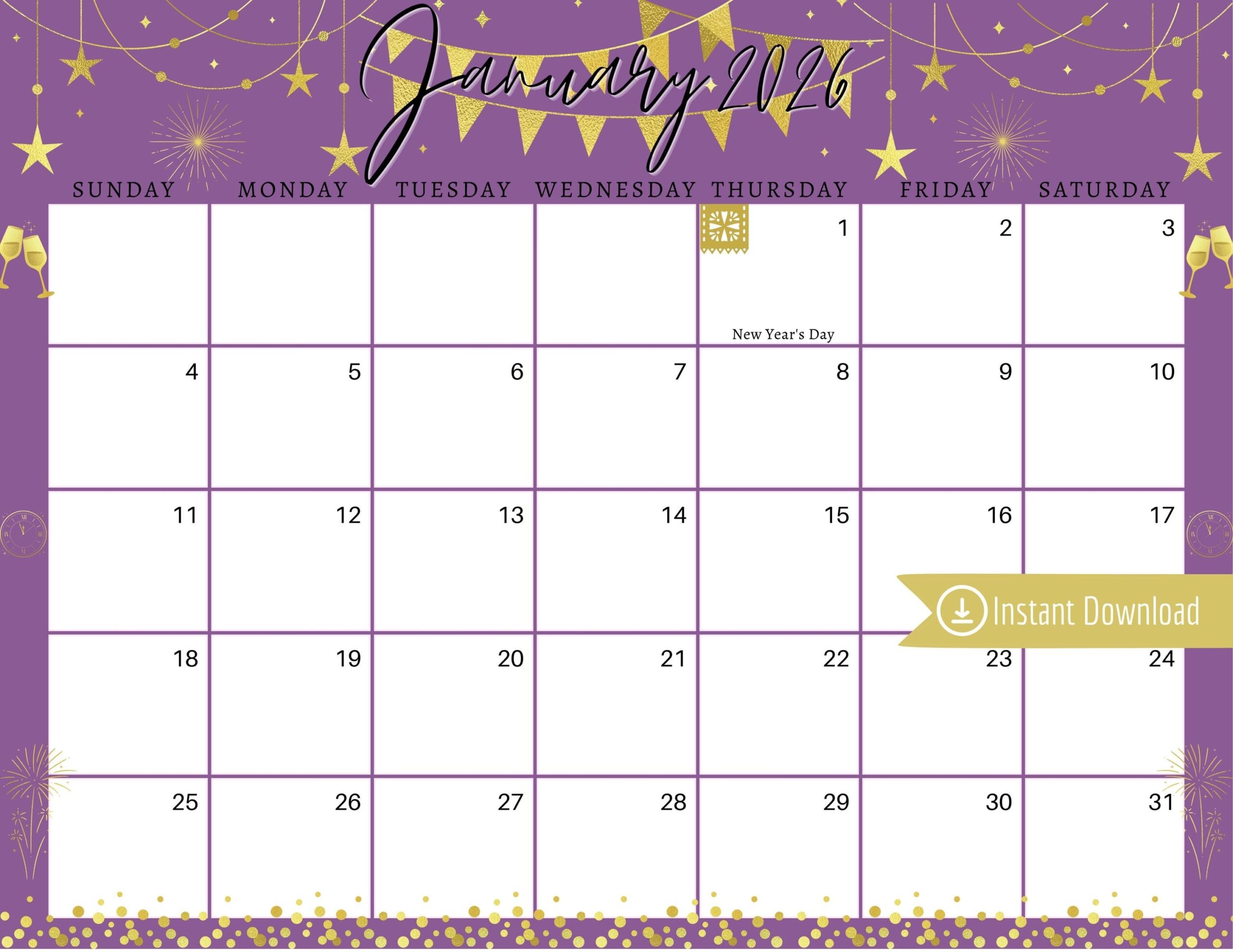 January 2026 Digital Calendar Purple New Year Planner Editable Fillable Printable Calendar For Planning PDF PNG And JPG Download Etsy Israel